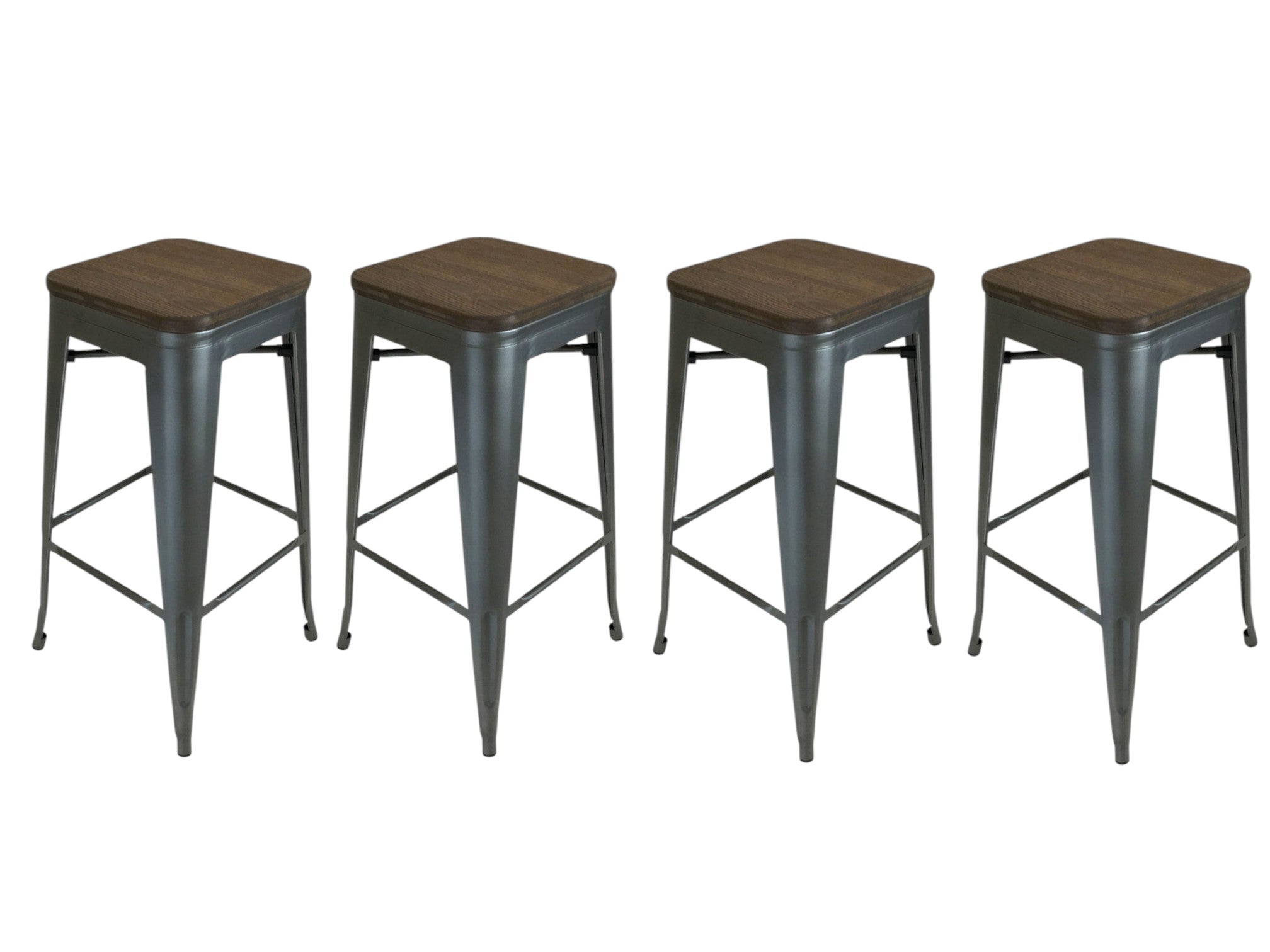 Set of Four 26" Brown and Gunmetal Solid Wood and Metal Backless Counter Height Bar Chairs-1