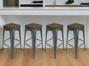 Set of Four 26" Brown and Gunmetal Solid Wood and Metal Backless Counter Height Bar Chairs-0