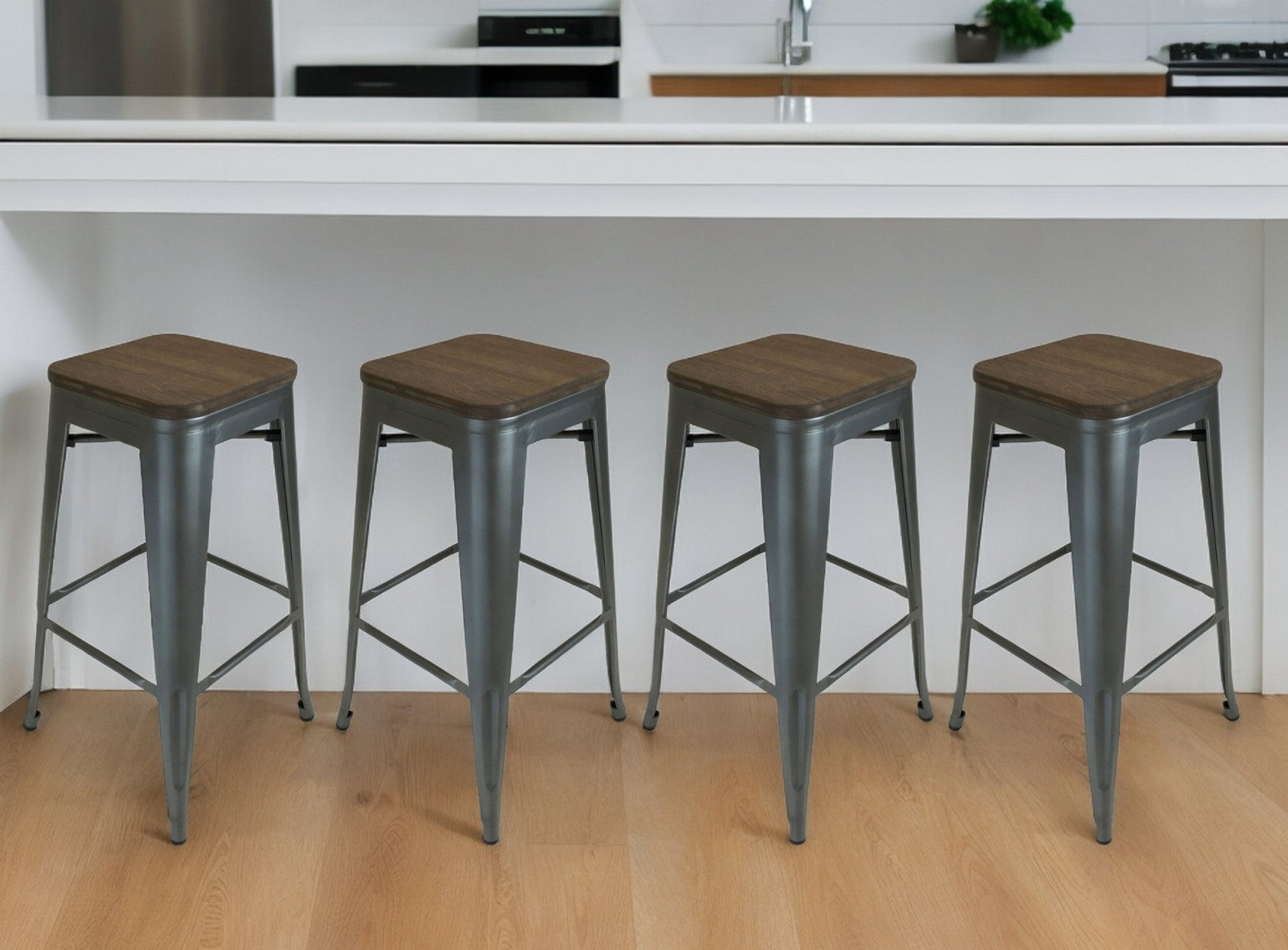 Set of Four 26" Brown and Gunmetal Solid Wood and Metal Backless Counter Height Bar Chairs-0