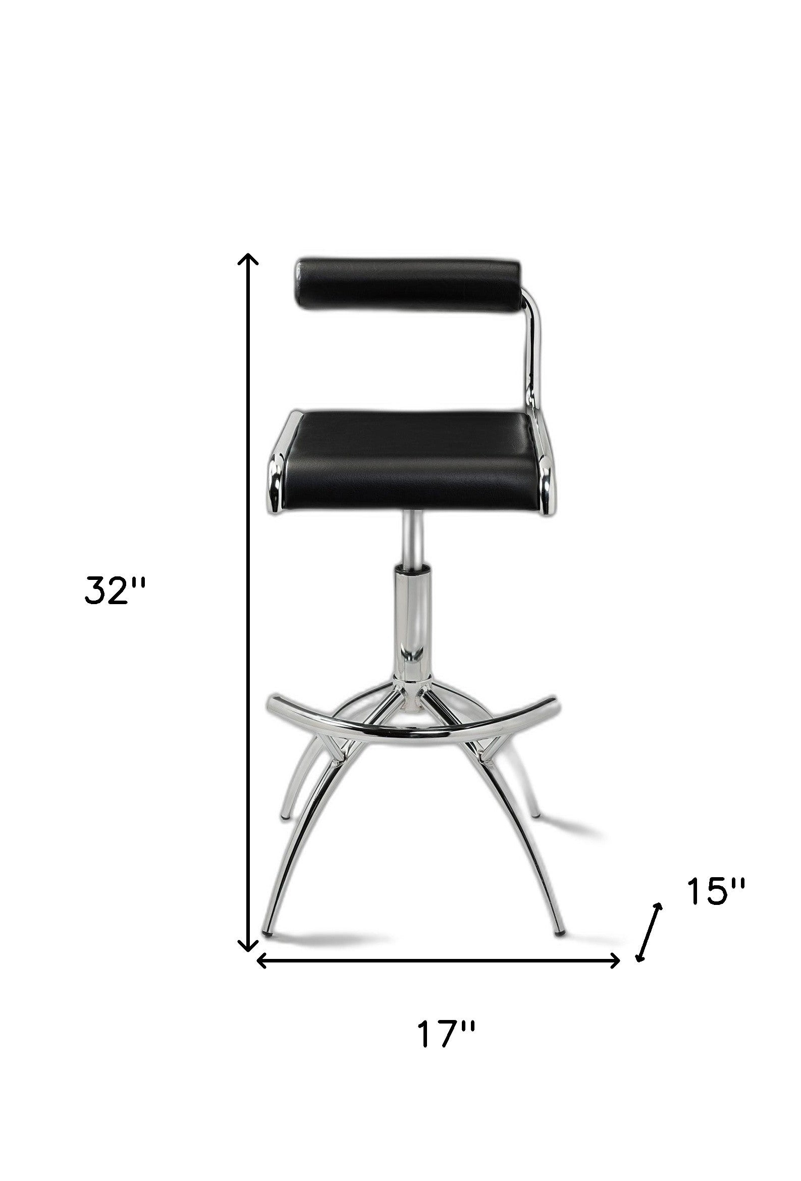 Set of Two Black and Silver Faux Leather and Metal Low Back Adjustable Height Bar Chairs-3