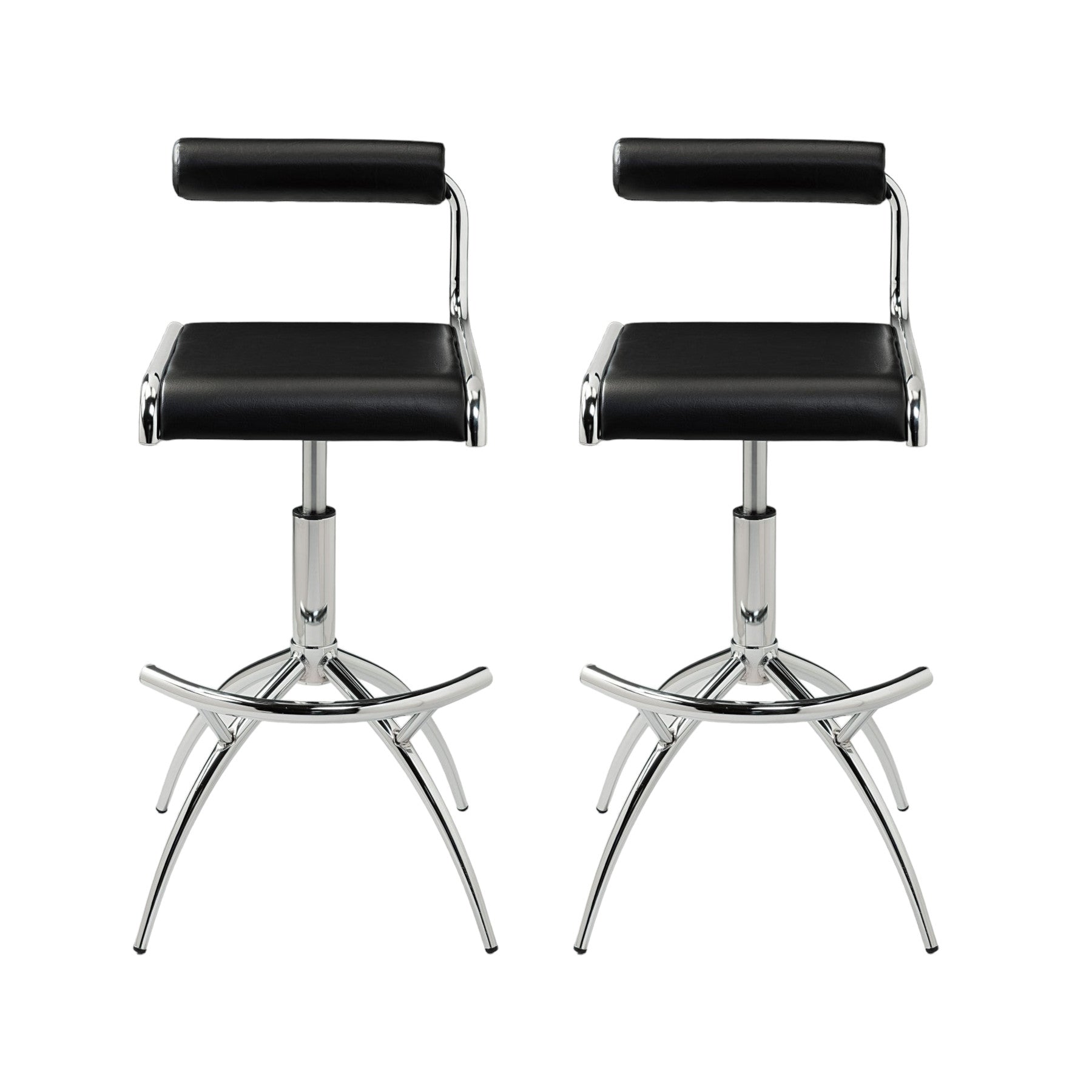 Set of Two Black and Silver Faux Leather and Metal Low Back Adjustable Height Bar Chairs-1
