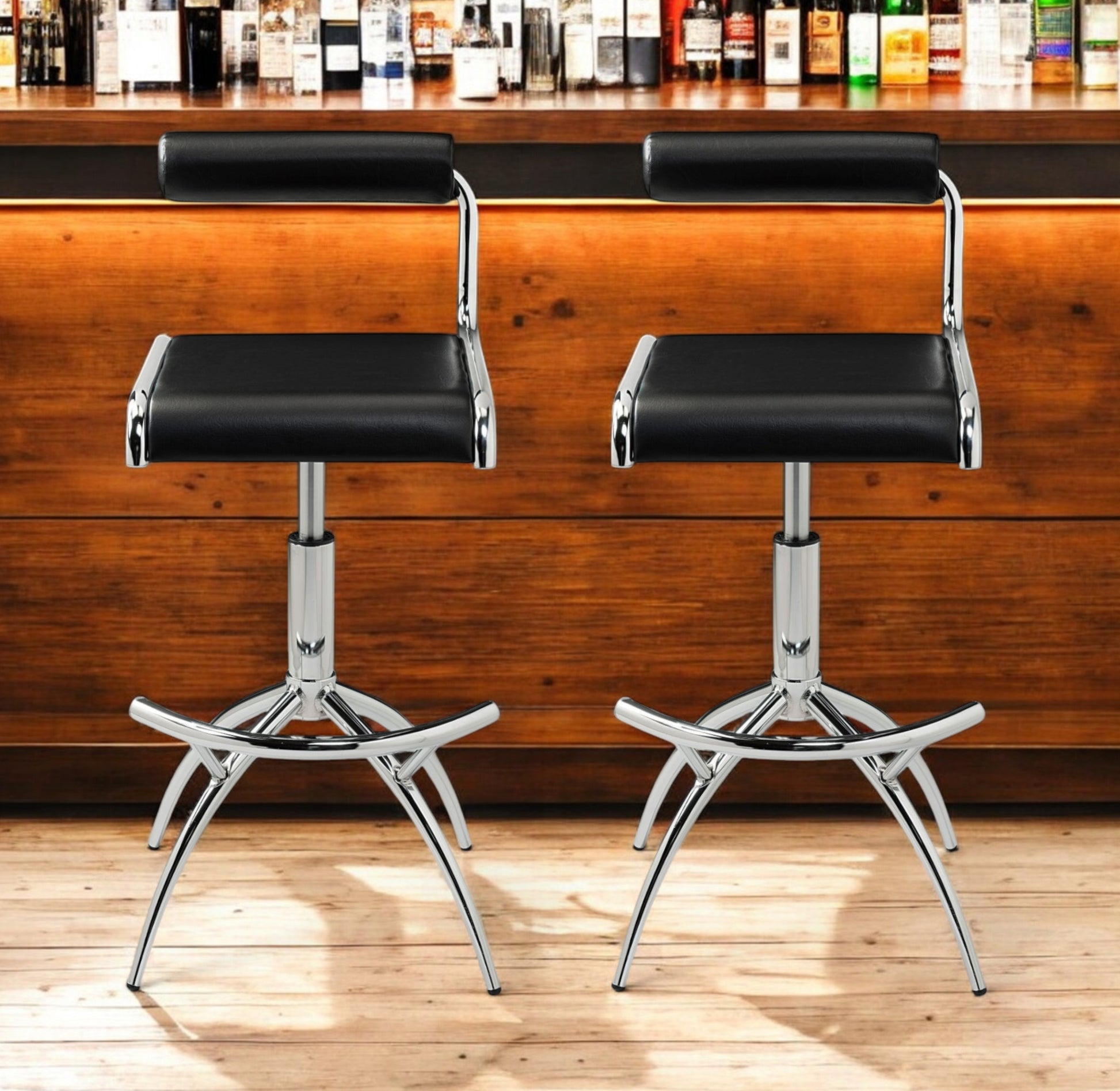 Set of Two Black and Silver Faux Leather and Metal Low Back Adjustable Height Bar Chairs-0
