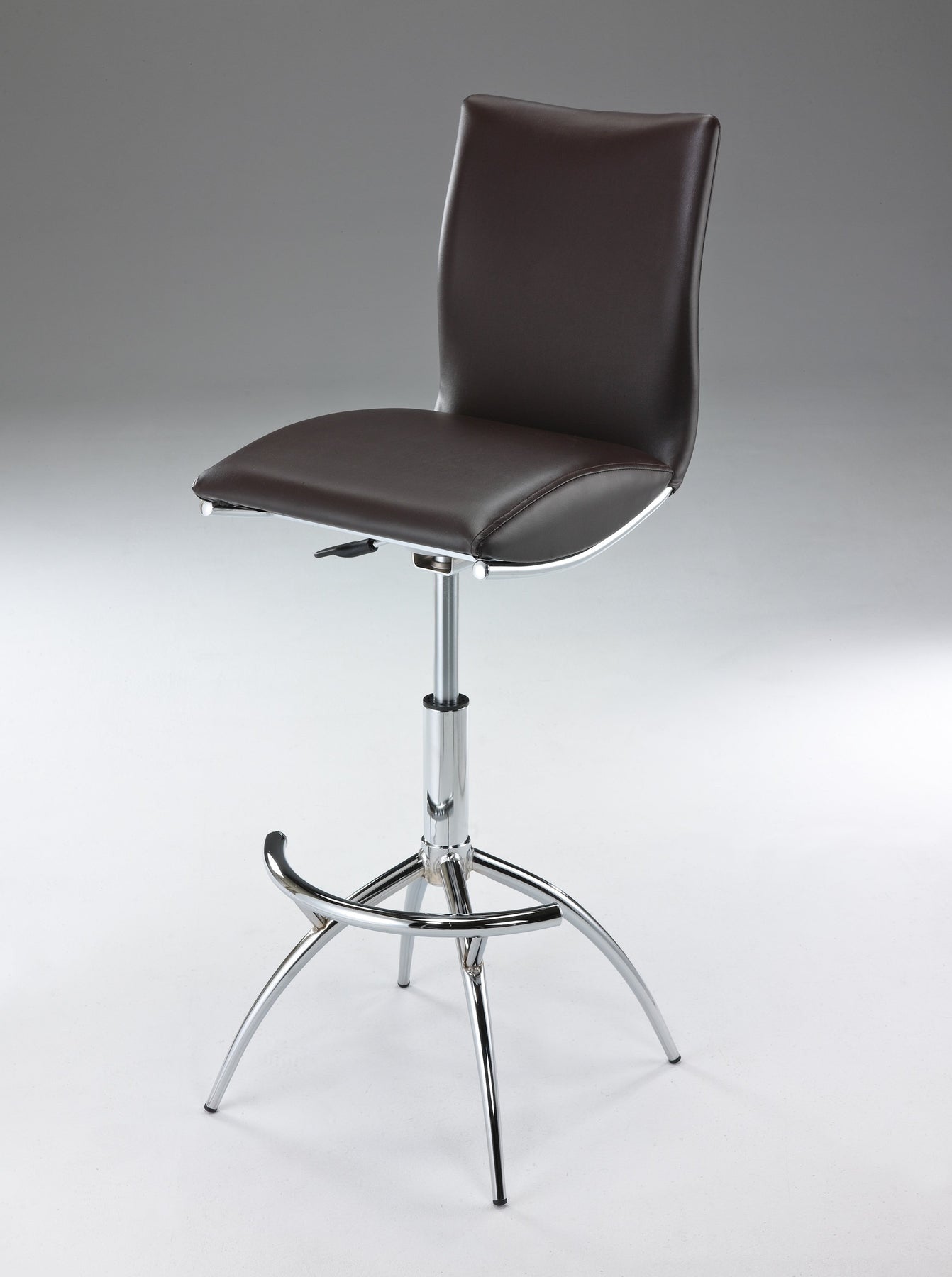 Set of Two Brown and Silver Metal and Faux Leather Low Back Adjustable Height Bar Chairs-4