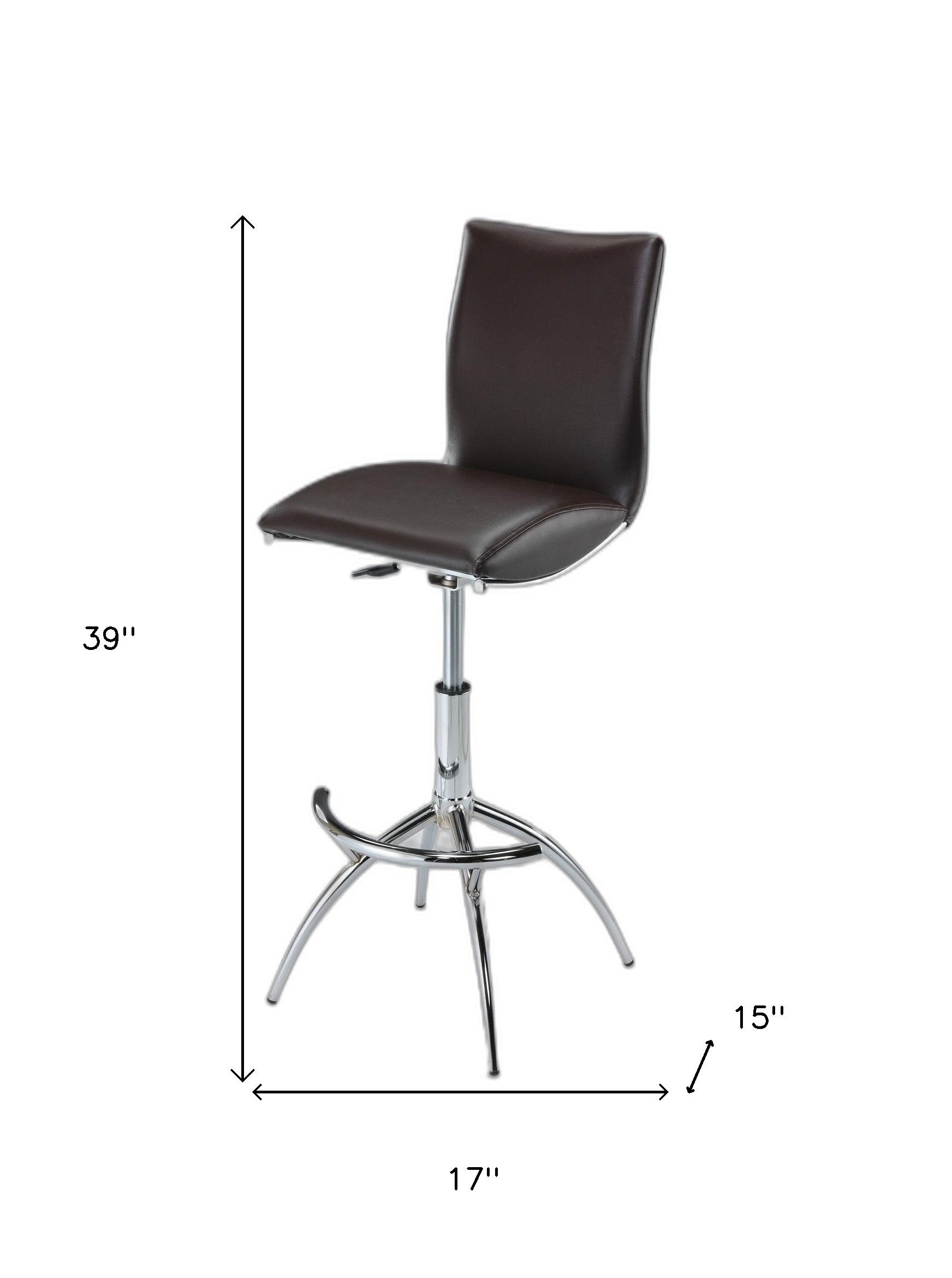 Set of Two Brown and Silver Metal and Faux Leather Low Back Adjustable Height Bar Chairs-5