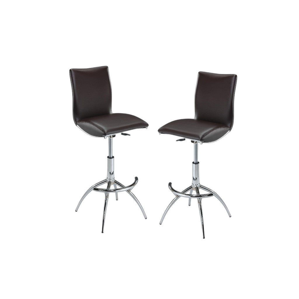 Set of Two Brown and Silver Metal and Faux Leather Low Back Adjustable Height Bar Chairs-2