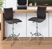 Set of Two Brown and Silver Metal and Faux Leather Low Back Adjustable Height Bar Chairs-0