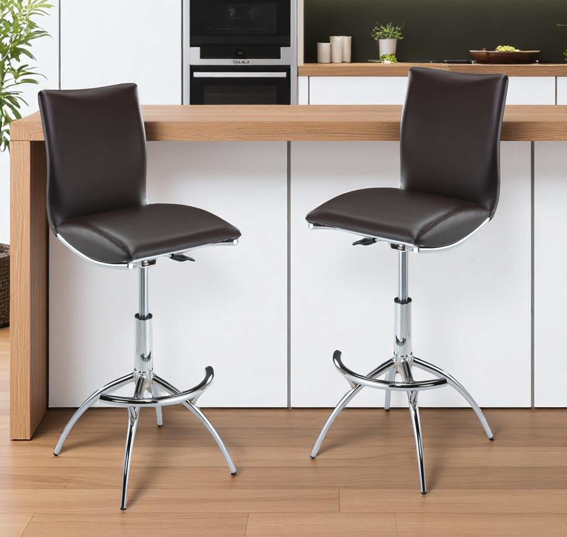 Set of Two Brown and Silver Metal and Faux Leather Low Back Adjustable Height Bar Chairs-0