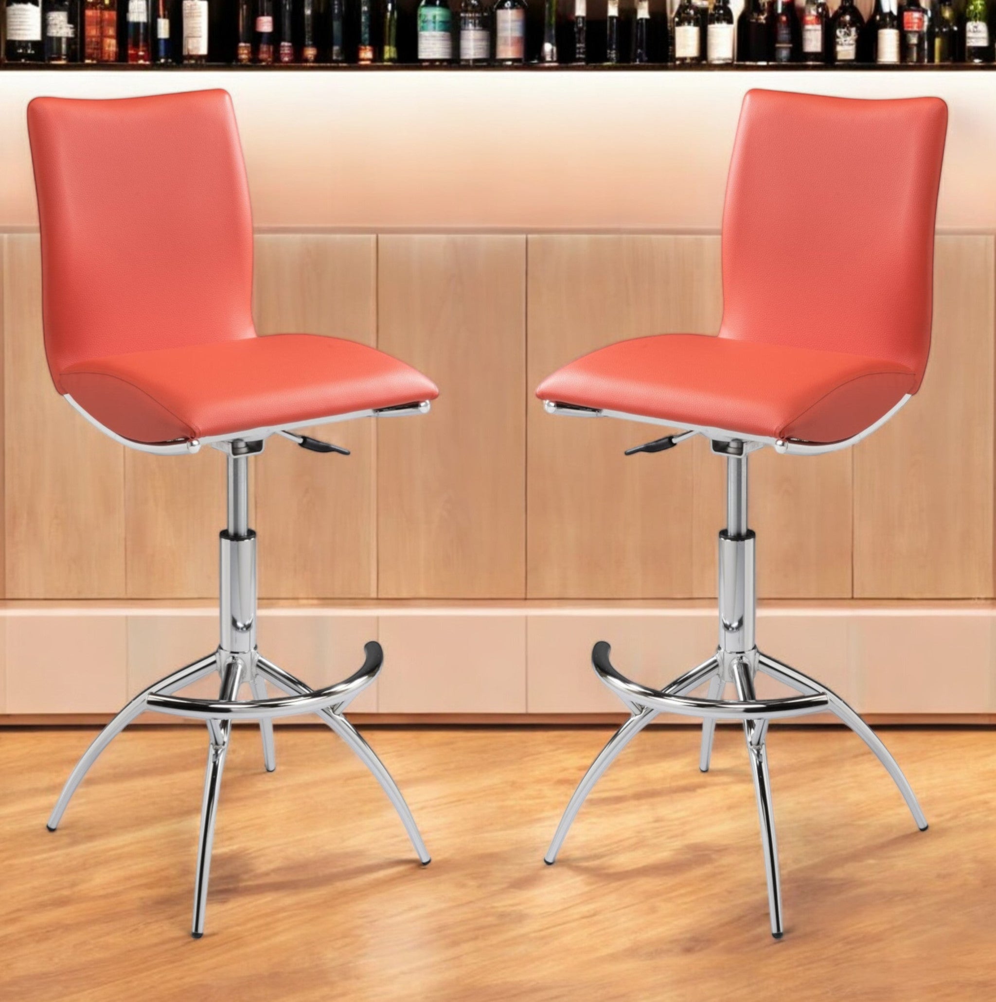 Set of Two Orange and Silver Faux Leather and Metal Low Back Adjustable Height Bar Chairs-0