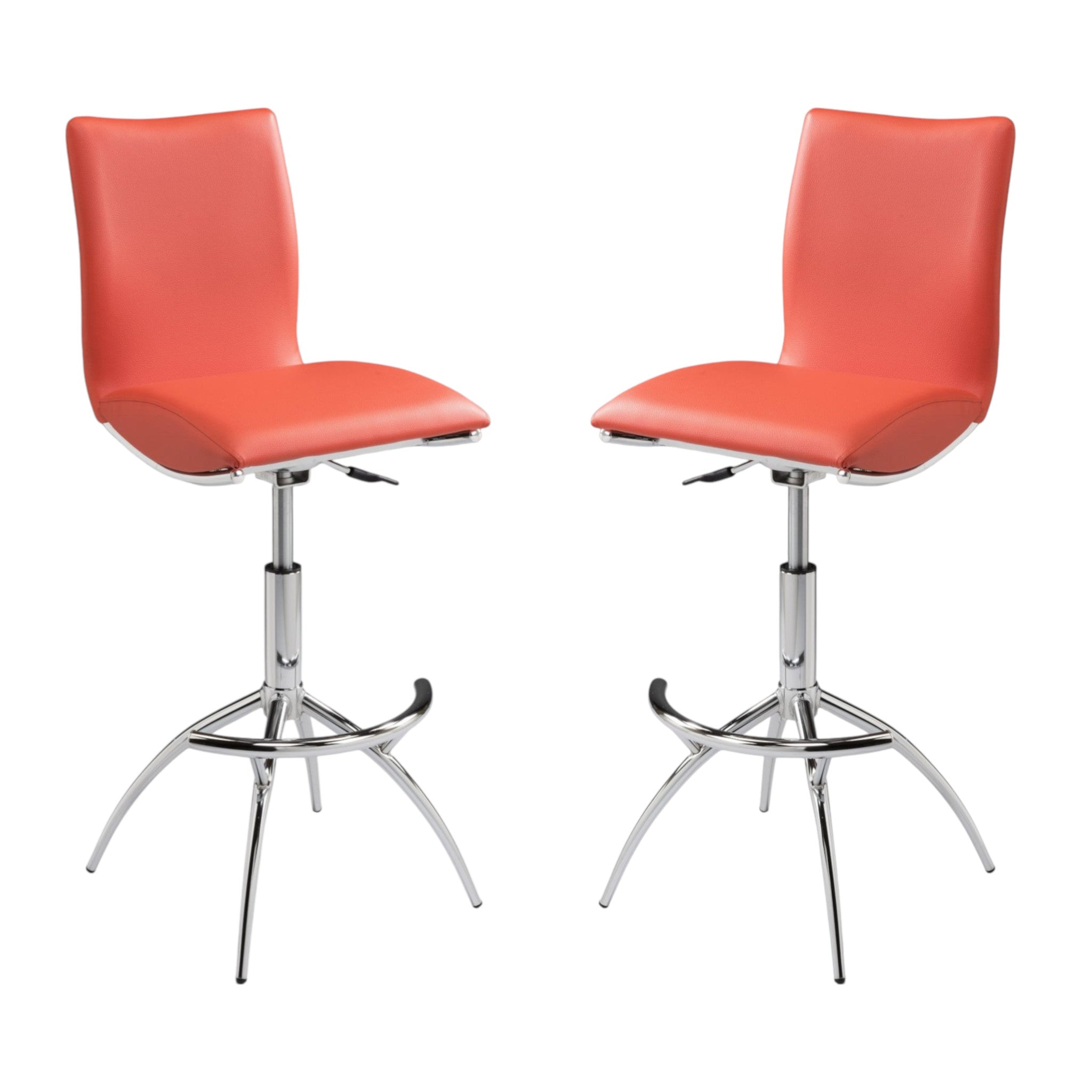 Set of Two Orange and Silver Faux Leather and Metal Low Back Adjustable Height Bar Chairs-1