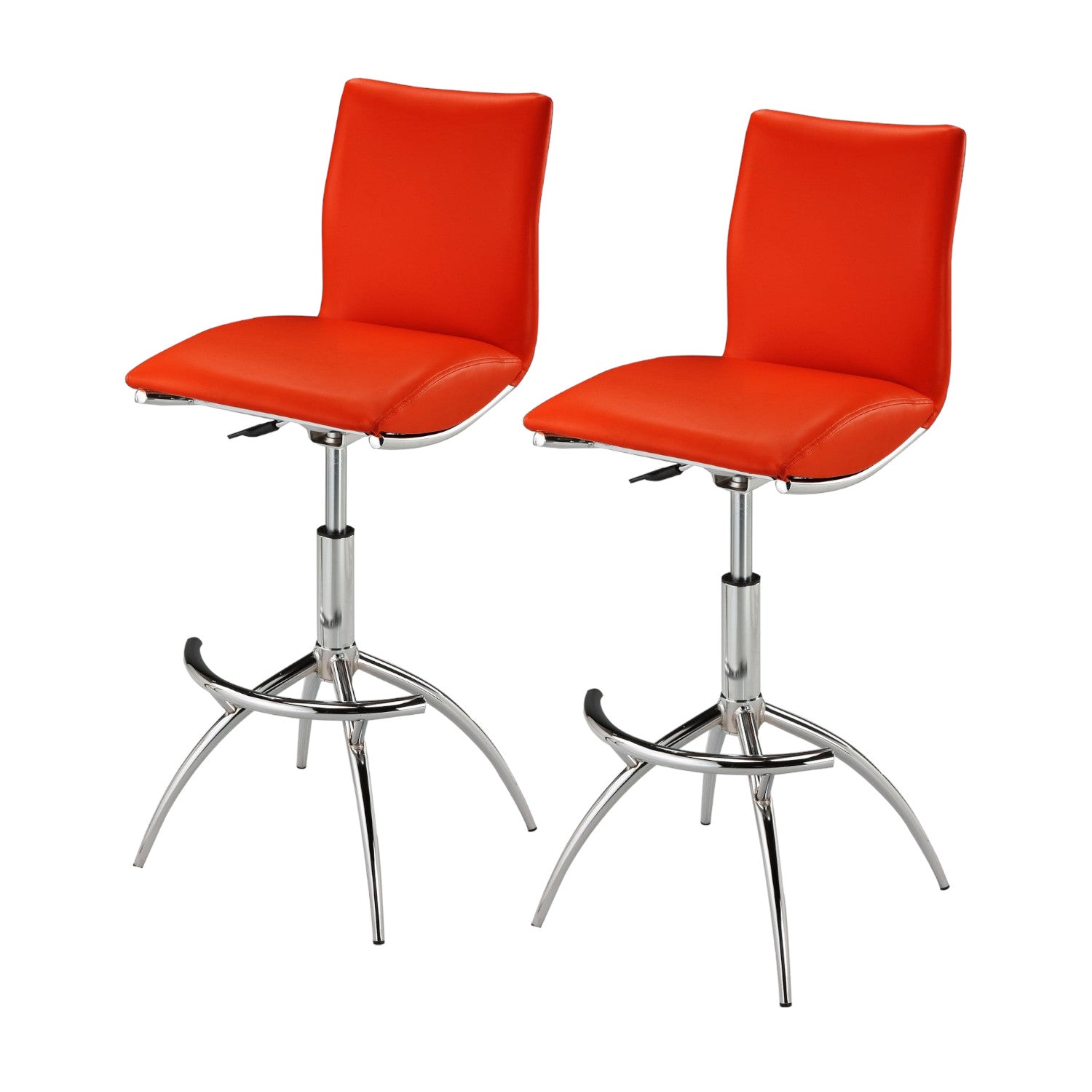 Set of Two Red and Silver Faux Leather and Metal Low Back Adjustable Height Bar Chairs-2