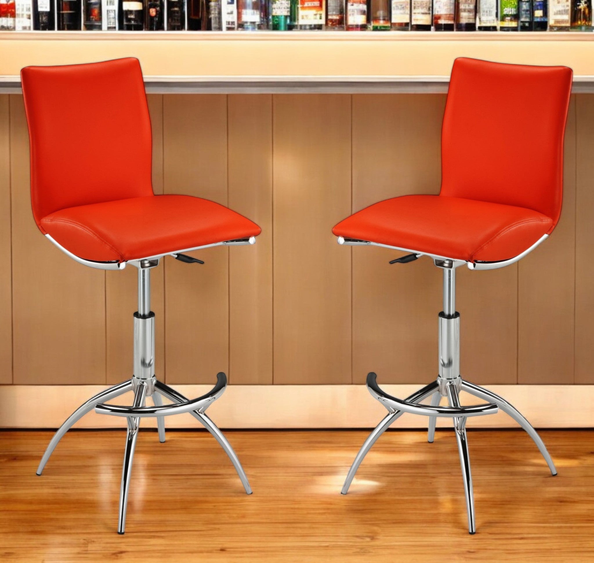 Set of Two Red and Silver Faux Leather and Metal Low Back Adjustable Height Bar Chairs-0
