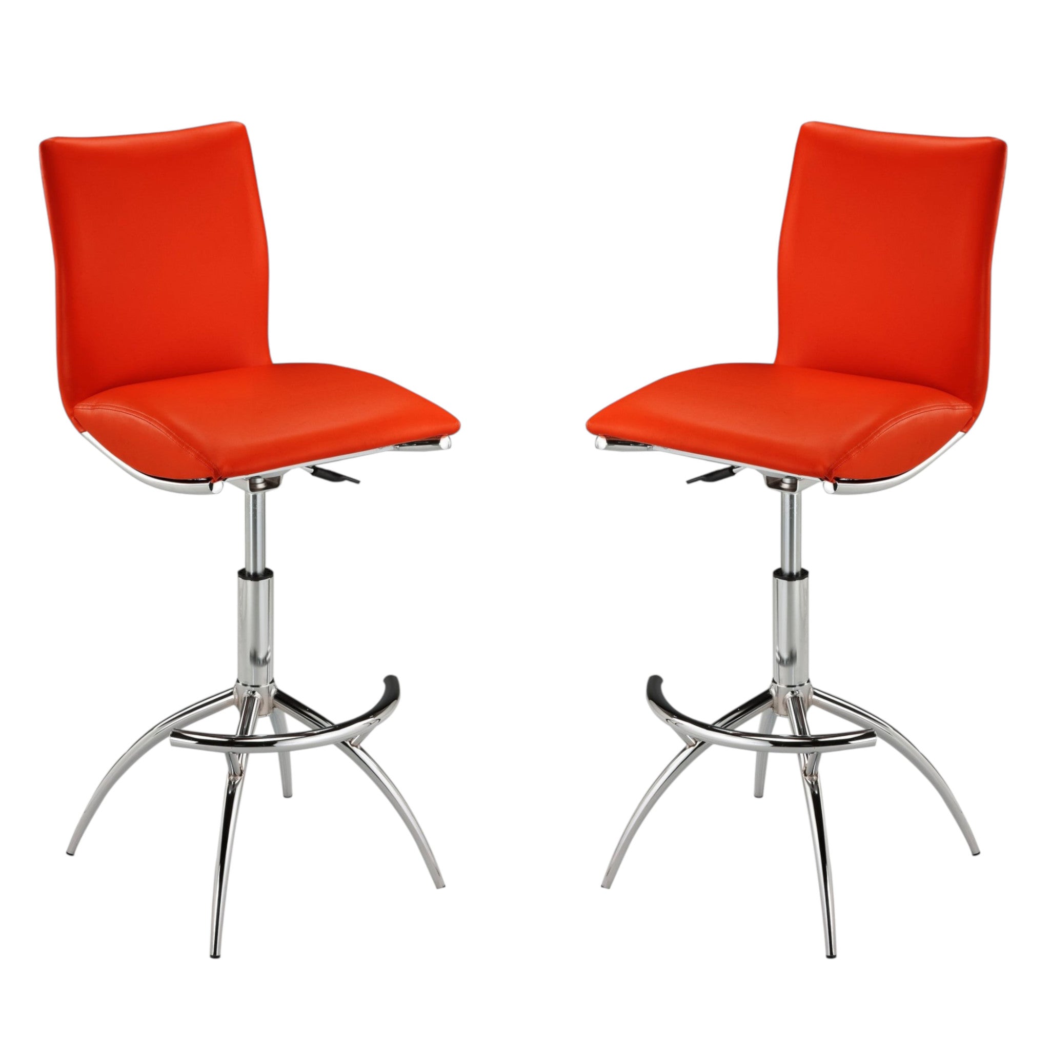 Set of Two Red and Silver Faux Leather and Metal Low Back Adjustable Height Bar Chairs-1