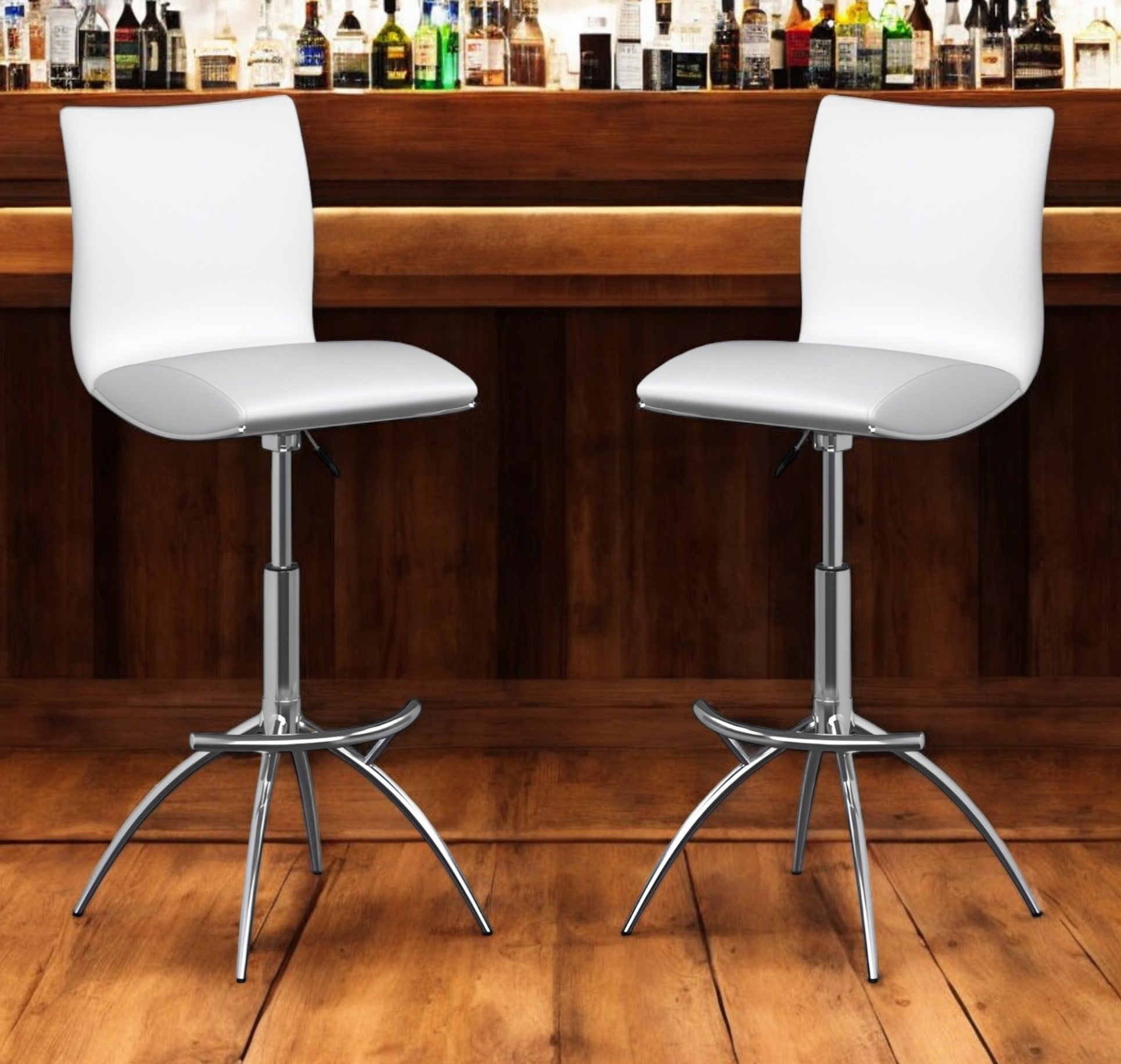 Set of Two White and Silver Faux Leather and Metal Low Back Adjustable Height Bar Chairs-0