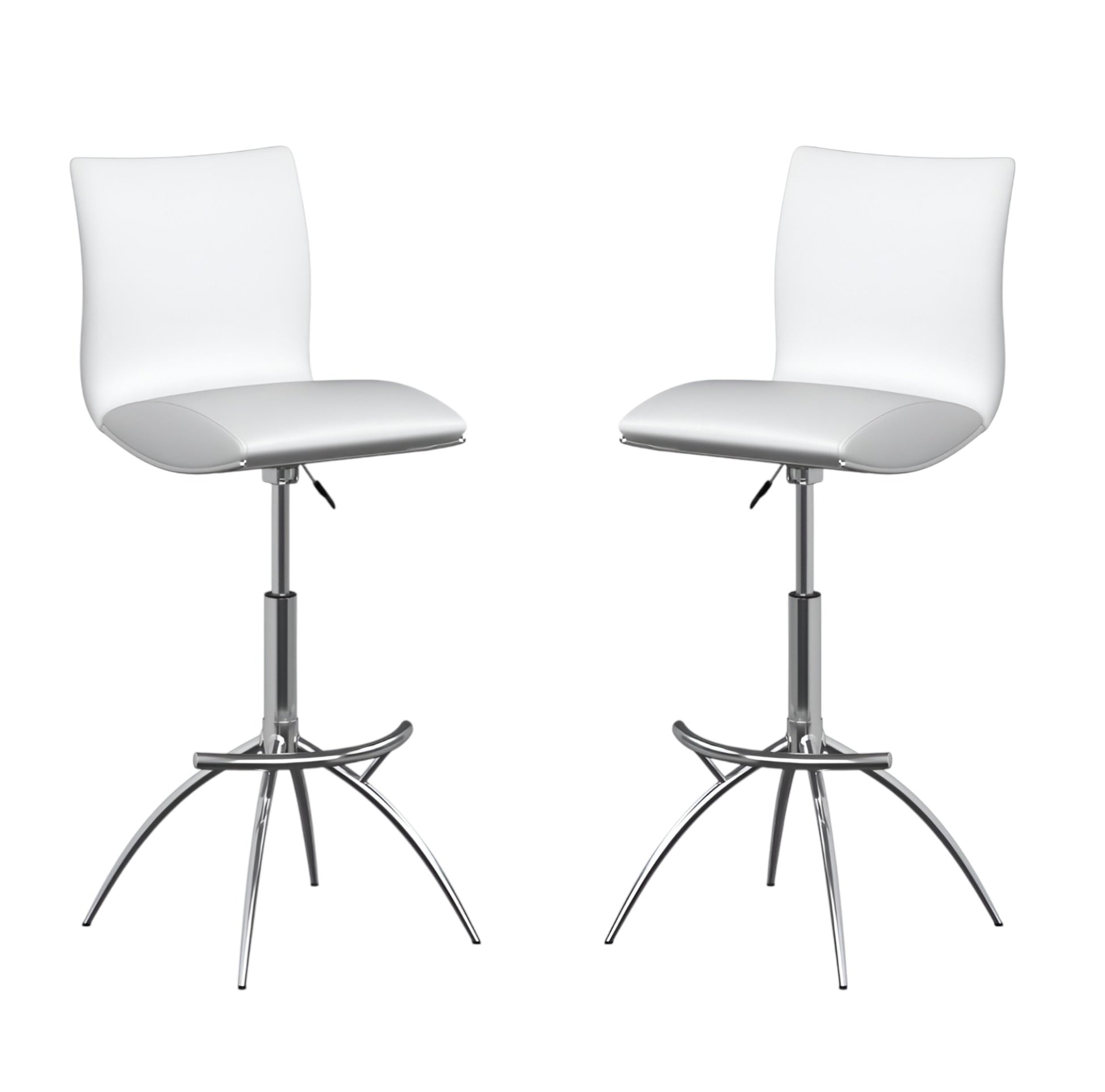Set of Two White and Silver Faux Leather and Metal Low Back Adjustable Height Bar Chairs-1