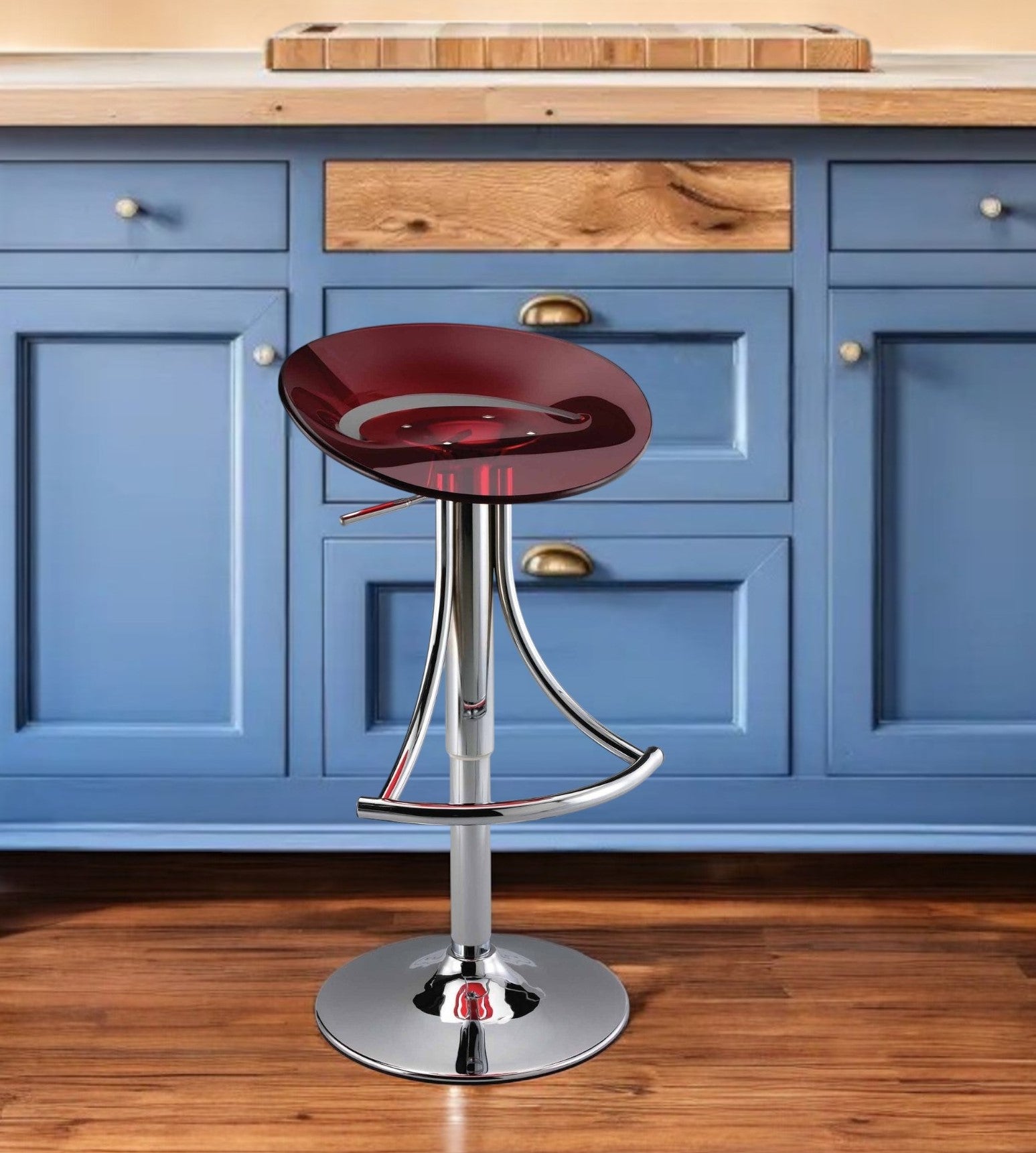 Red and Silver Acrylic and Metal Low Back Adjustable Height Bar Chair-0