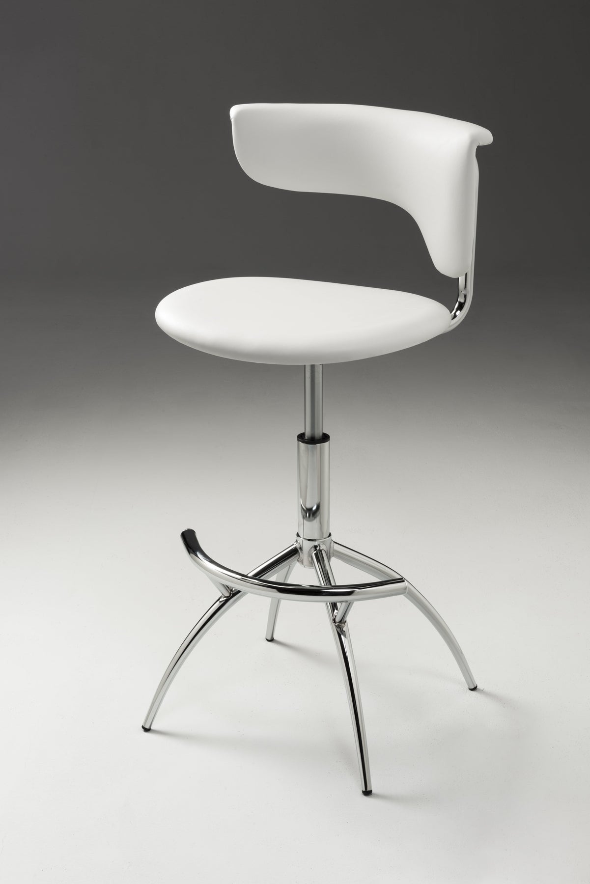 Set of Two White and Silver Metal and Faux Leather Low Back Adjustable Height Bar Chairs-5