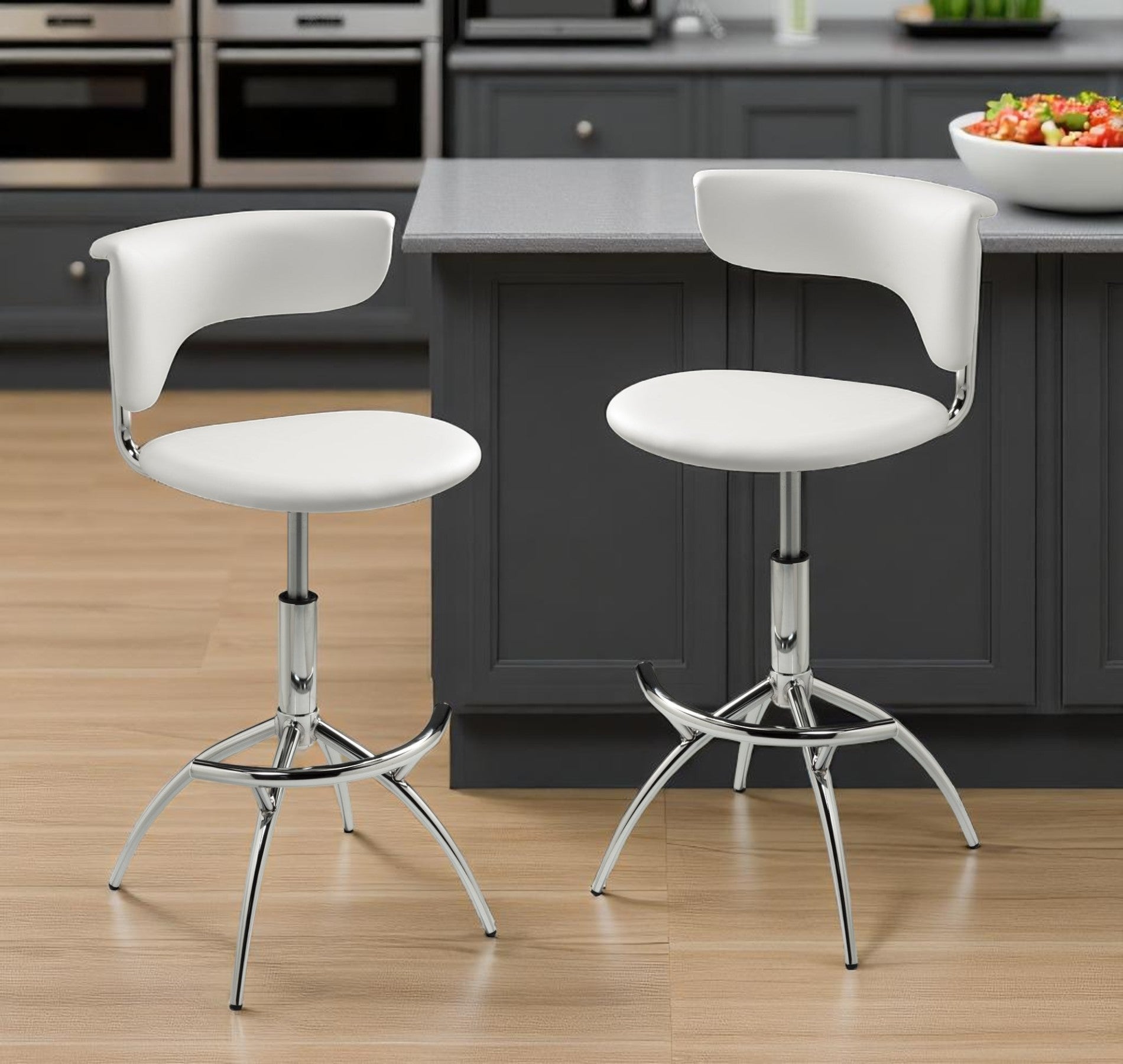 Set of Two White and Silver Metal and Faux Leather Low Back Adjustable Height Bar Chairs-0