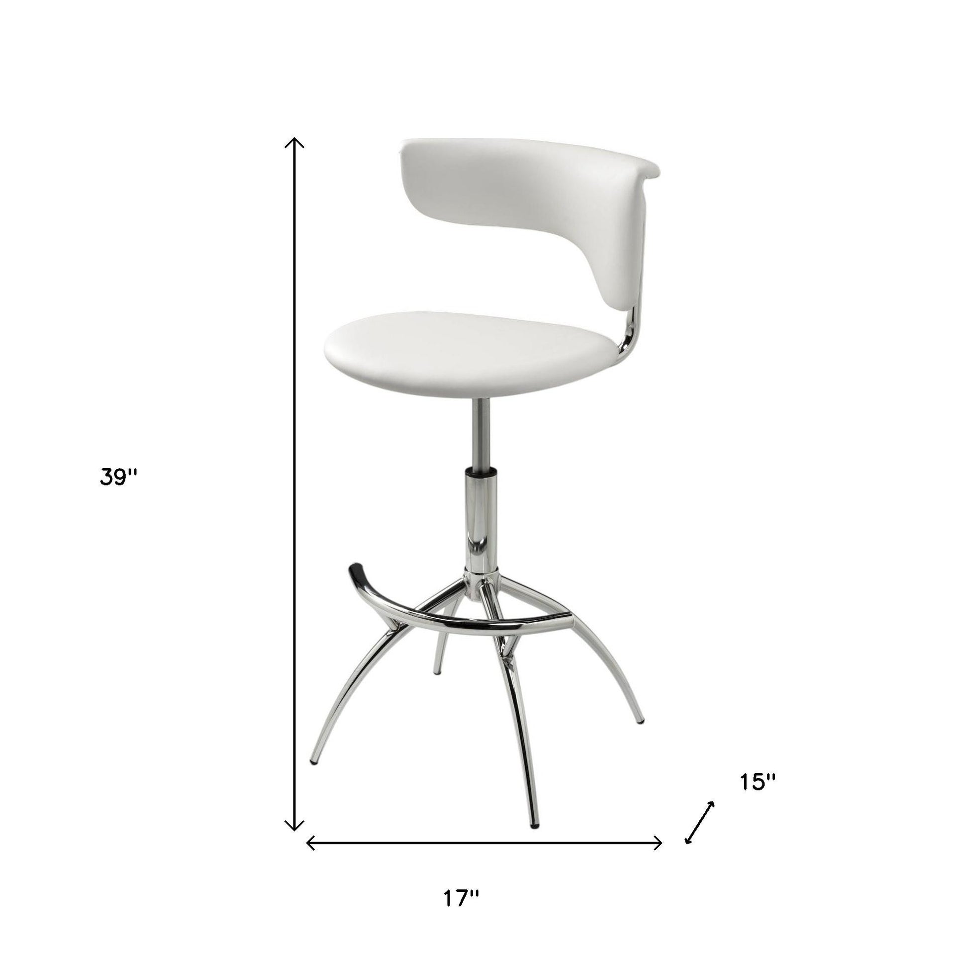 Set of Two White and Silver Metal and Faux Leather Low Back Adjustable Height Bar Chairs-6