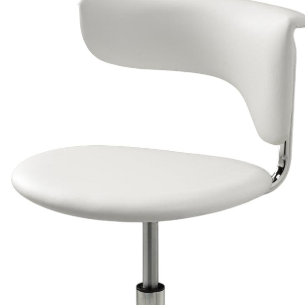 Set of Two White and Silver Metal and Faux Leather Low Back Adjustable Height Bar Chairs-4