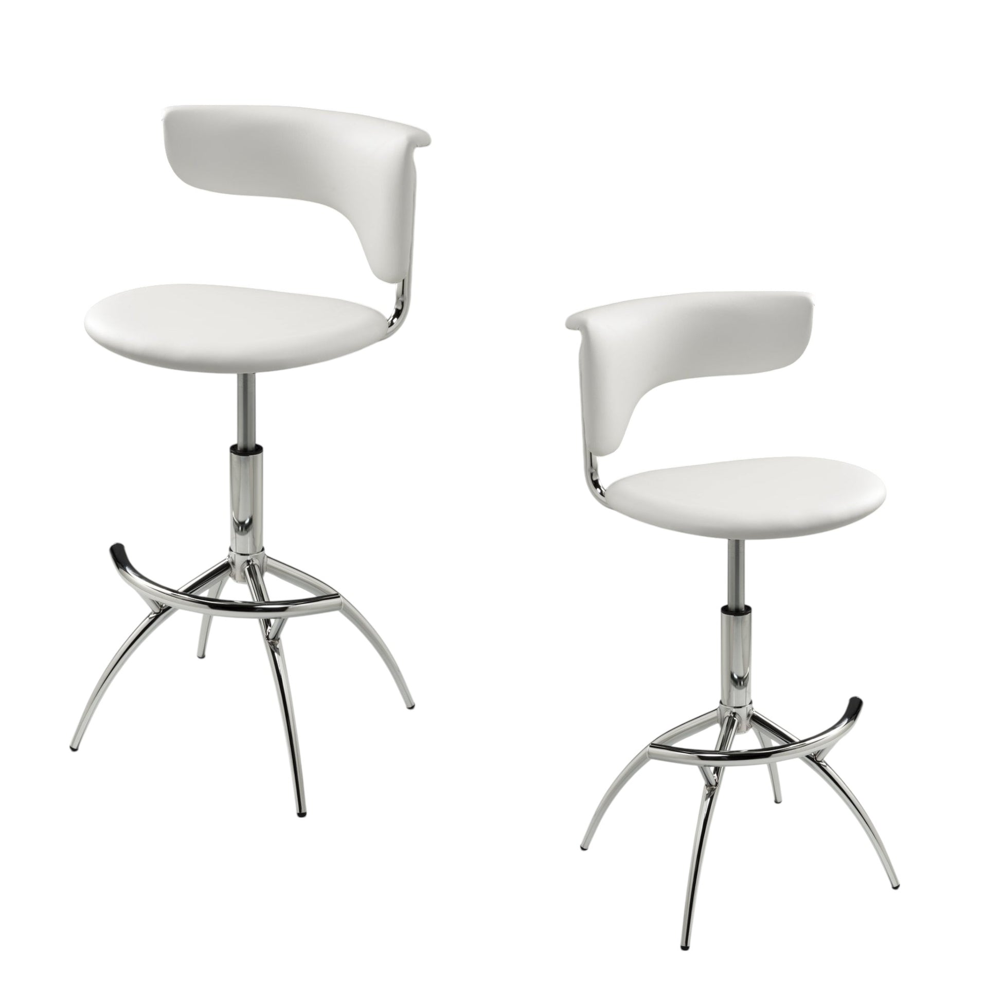 Set of Two White and Silver Metal and Faux Leather Low Back Adjustable Height Bar Chairs-2