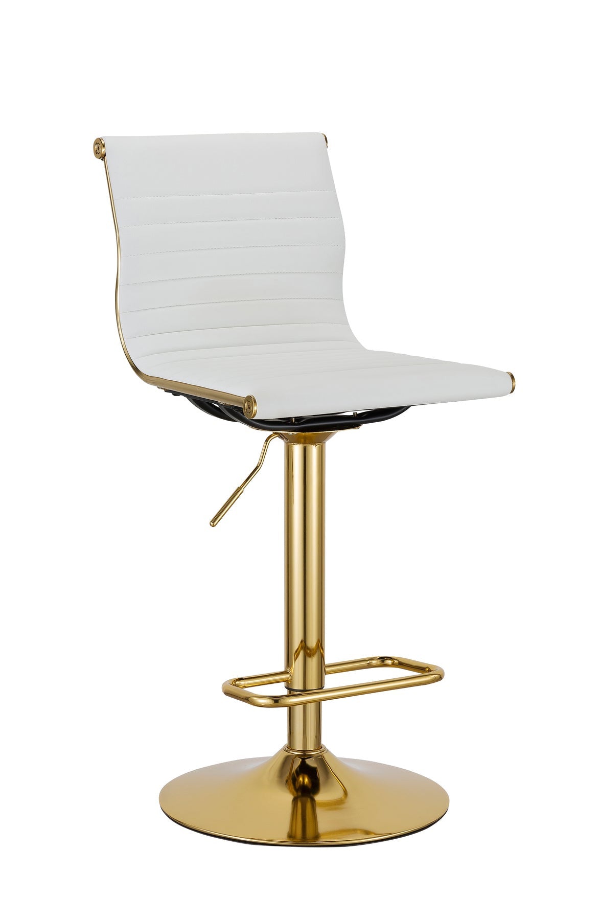 Set of Two White and Gold Faux Leather and Metal Low Back Adjustable Height Bar Chairs-2