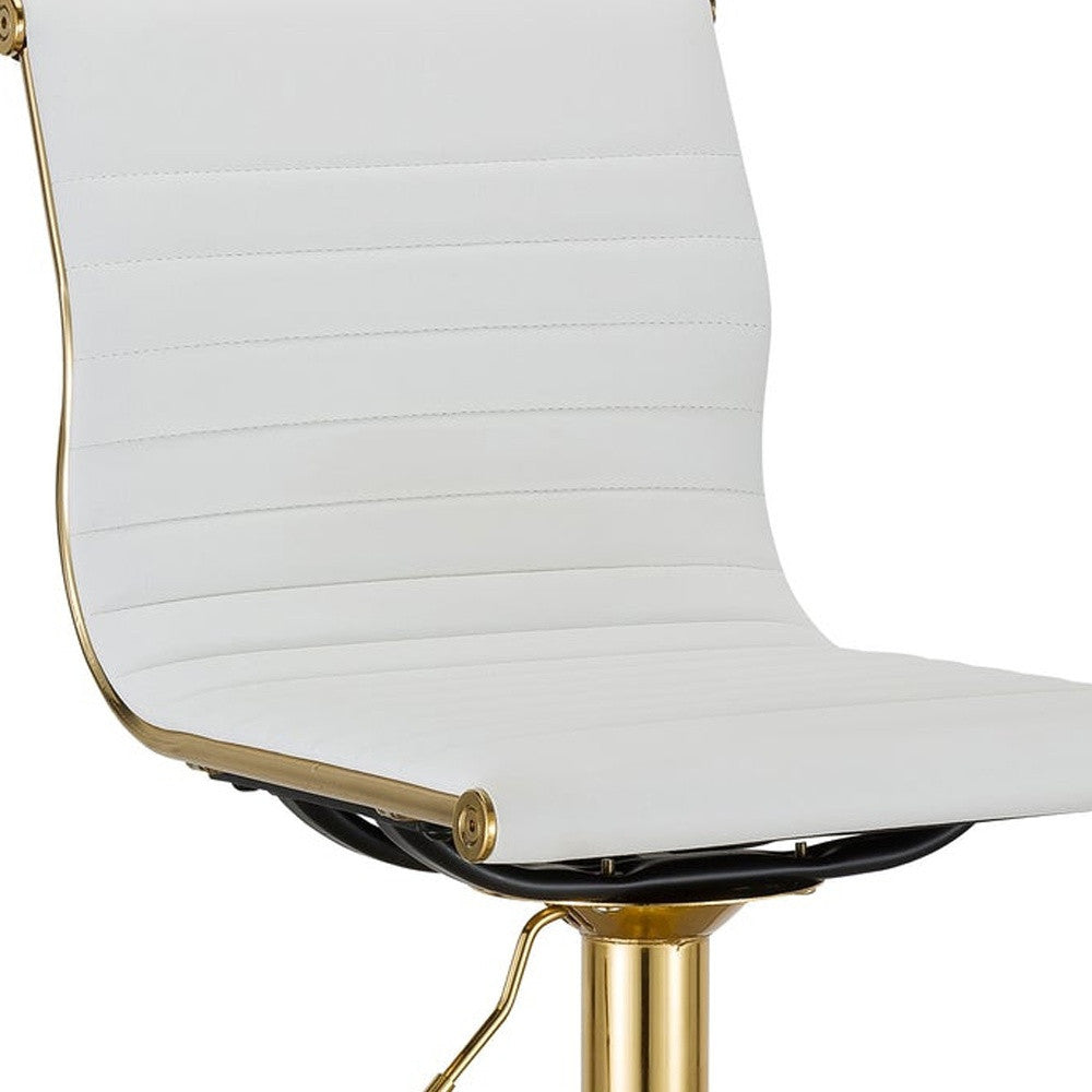 Set of Two White and Gold Faux Leather and Metal Low Back Adjustable Height Bar Chairs-6