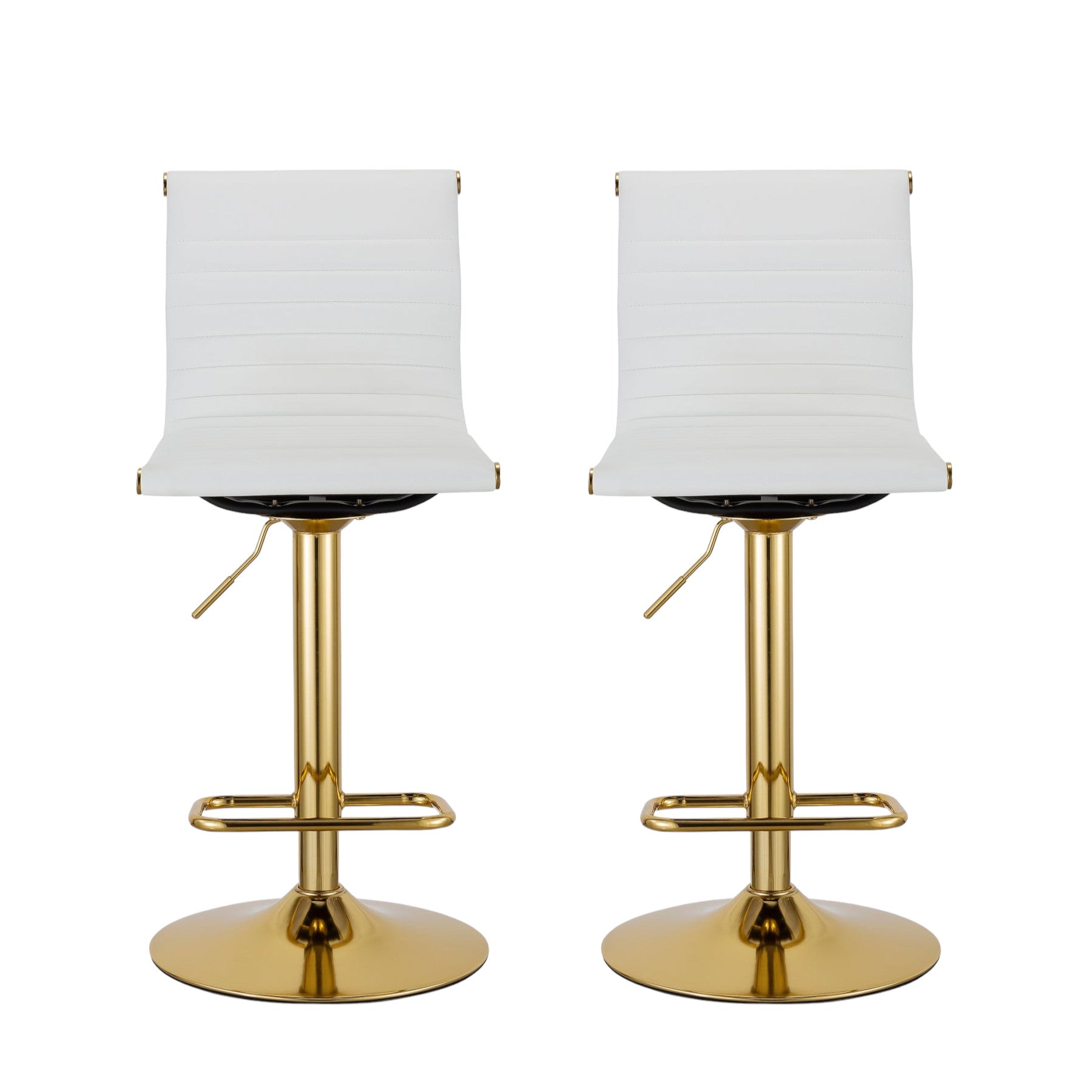 Set of Two White and Gold Faux Leather and Metal Low Back Adjustable Height Bar Chairs-4