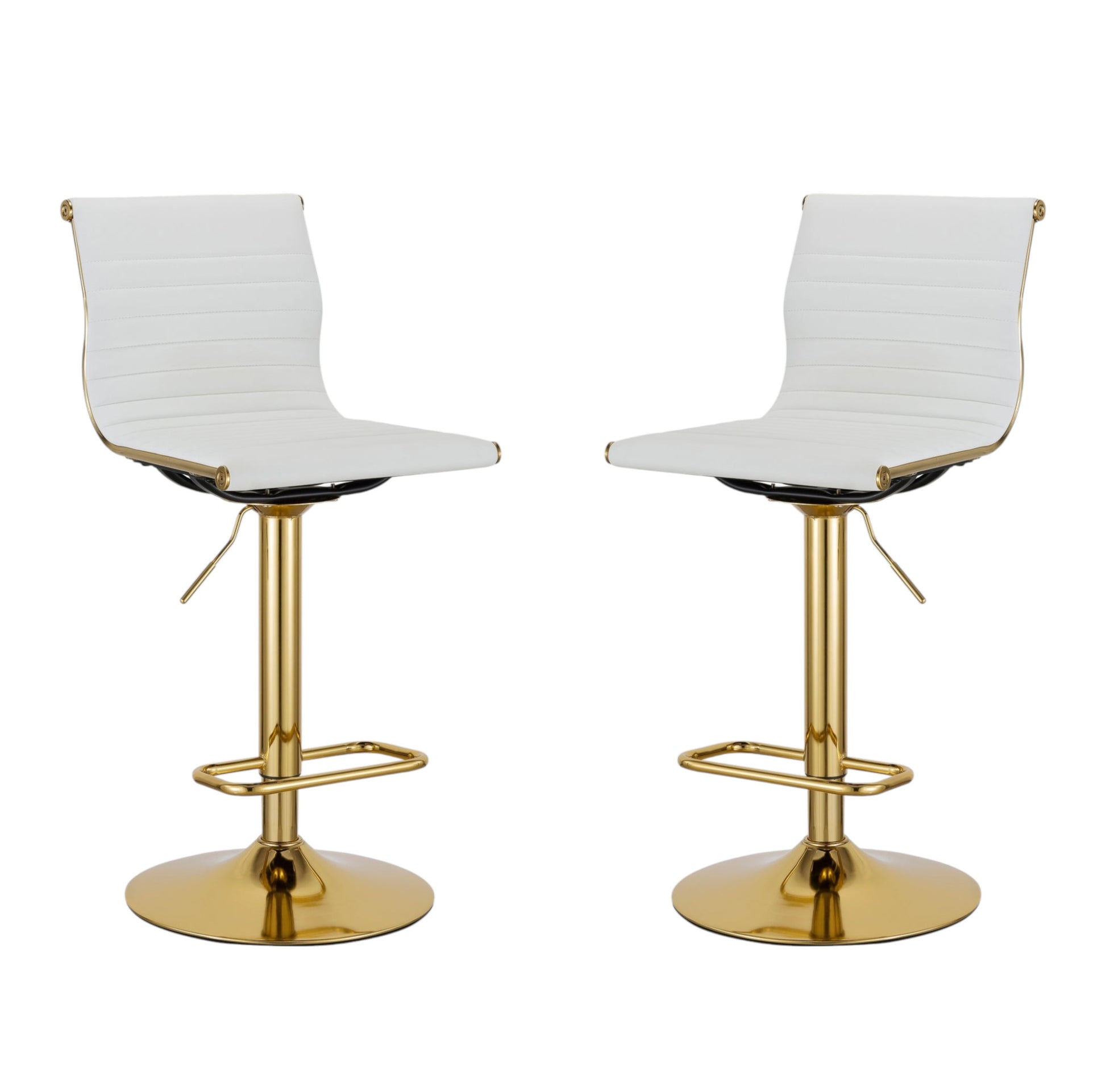 Set of Two White and Gold Faux Leather and Metal Low Back Adjustable Height Bar Chairs-1