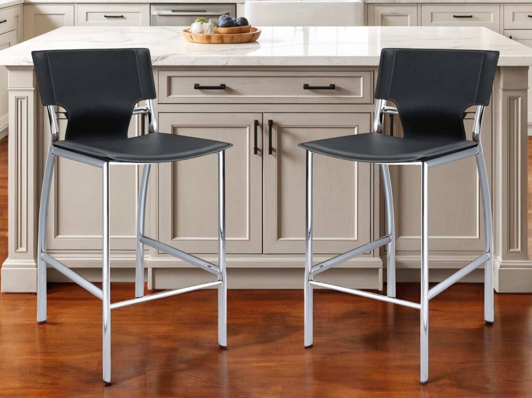 Set of Two 25" Black and Silver Faux Leather and Metal Low Back Counter Height Bar Chairs-0