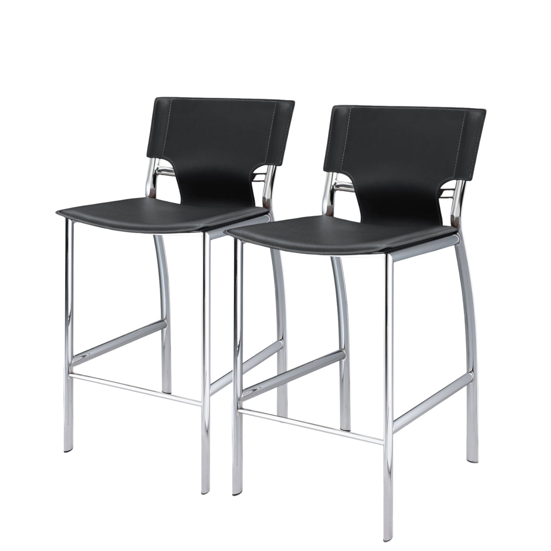 Set of Two 25" Black and Silver Faux Leather and Metal Low Back Counter Height Bar Chairs-1