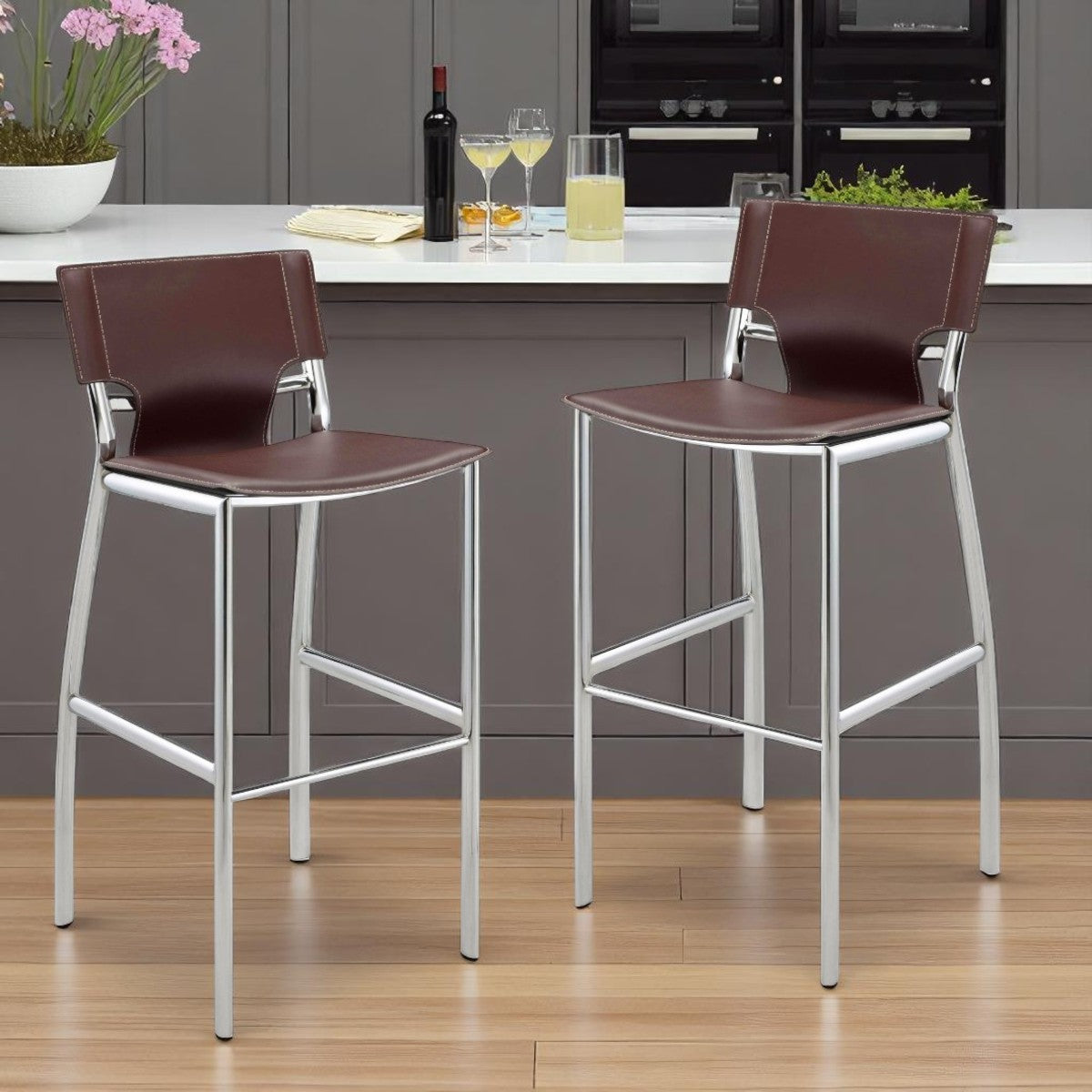 Set of Two 29" Brown and Silver Metal and Faux Leather Low Back Bar Height Bar Chairs-0