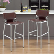 Set of Two 29" Brown and Silver Metal and Faux Leather Low Back Bar Height Bar Chairs-0