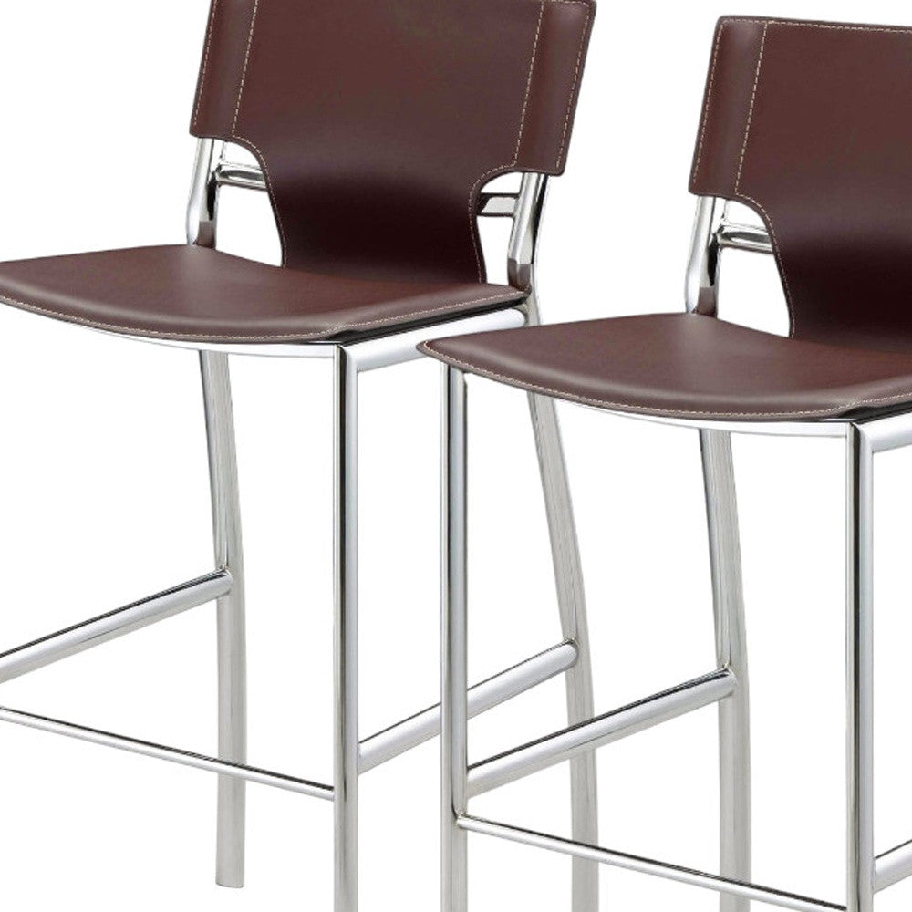Set of Two 29" Brown and Silver Metal and Faux Leather Low Back Bar Height Bar Chairs-3