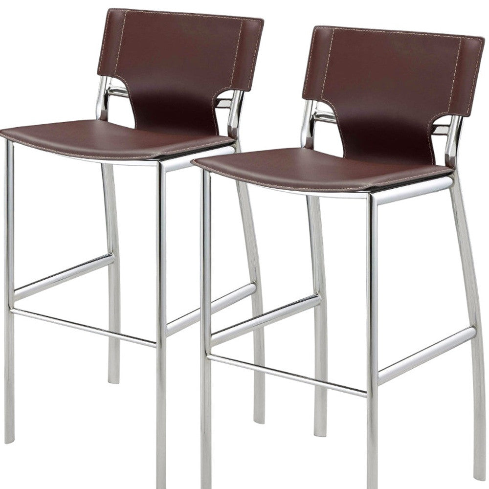 Set of Two 29" Brown and Silver Metal and Faux Leather Low Back Bar Height Bar Chairs-5