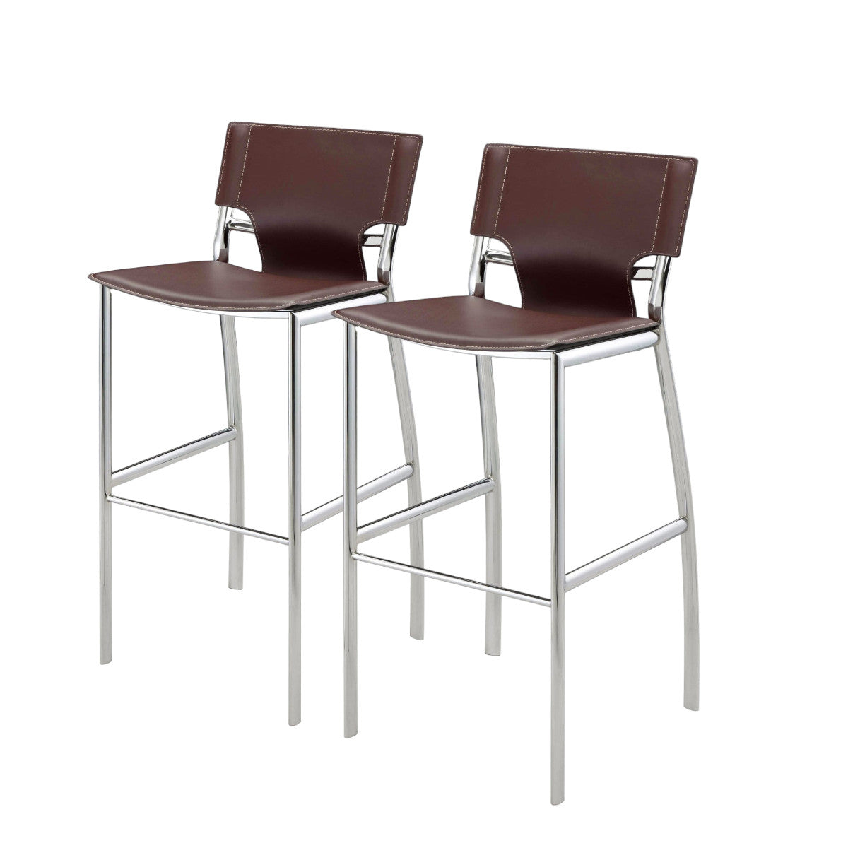 Set of Two 29" Brown and Silver Metal and Faux Leather Low Back Bar Height Bar Chairs-1