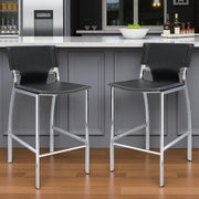 Set of Two 29" Black and Silver Metal and Faux Leather Low Back Bar Height Bar Chairs-0