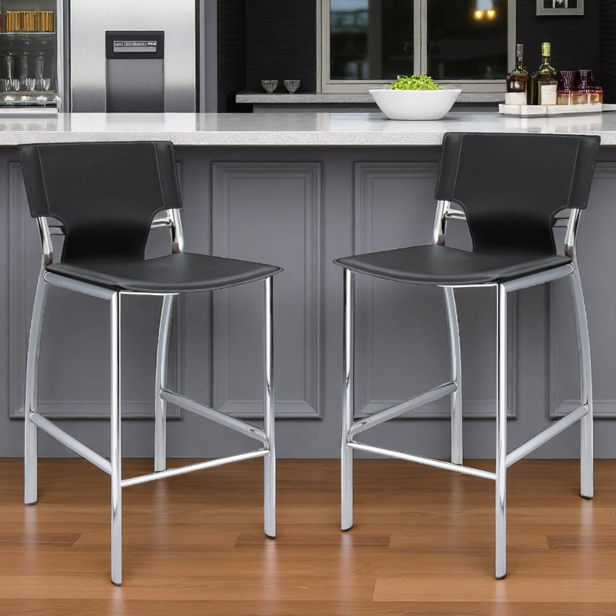 Set of Two 29" Black and Silver Metal and Faux Leather Low Back Bar Height Bar Chairs-0