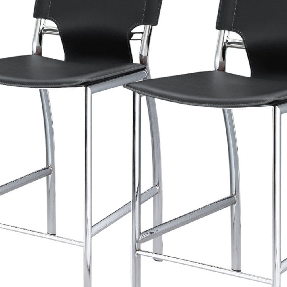Set of Two 29" Black and Silver Metal and Faux Leather Low Back Bar Height Bar Chairs-3