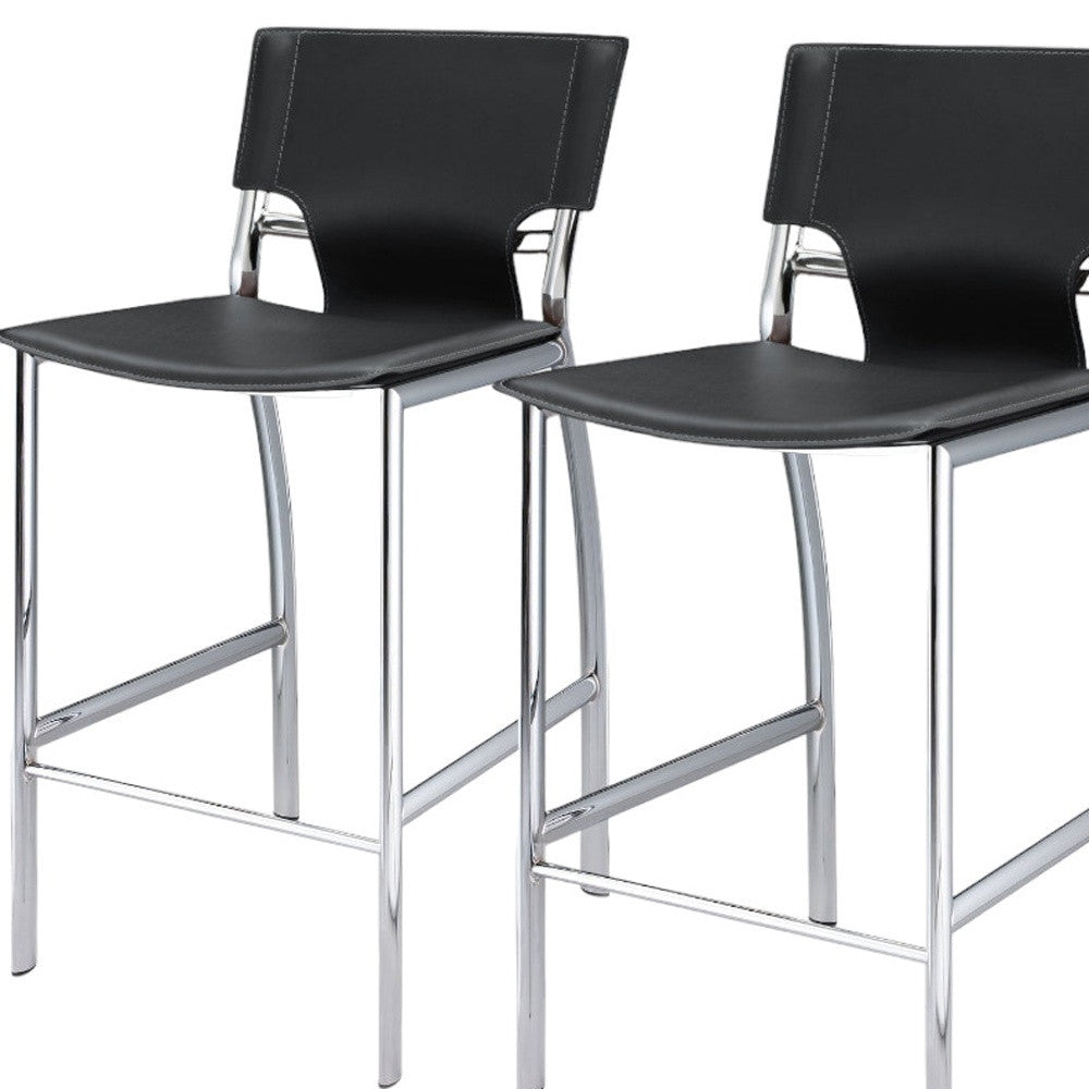 Set of Two 29" Black and Silver Metal and Faux Leather Low Back Bar Height Bar Chairs-4