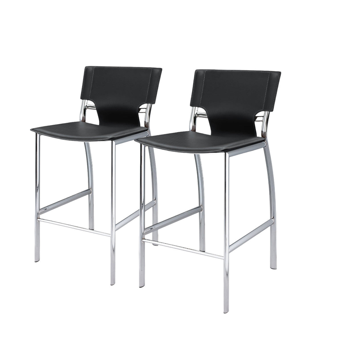 Set of Two 29" Black and Silver Metal and Faux Leather Low Back Bar Height Bar Chairs-1