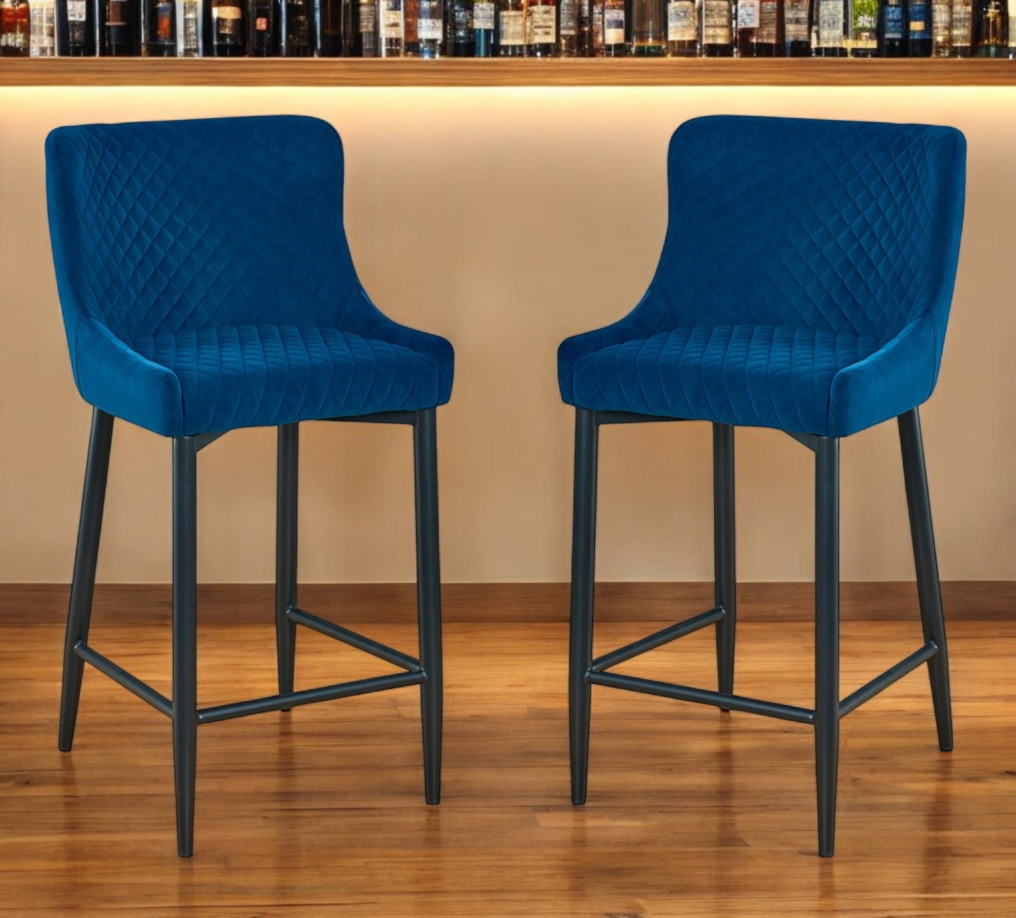 Set of Two 26" Blue and Black Velvet and Metal Low Back Counter Height Bar Chairs-1