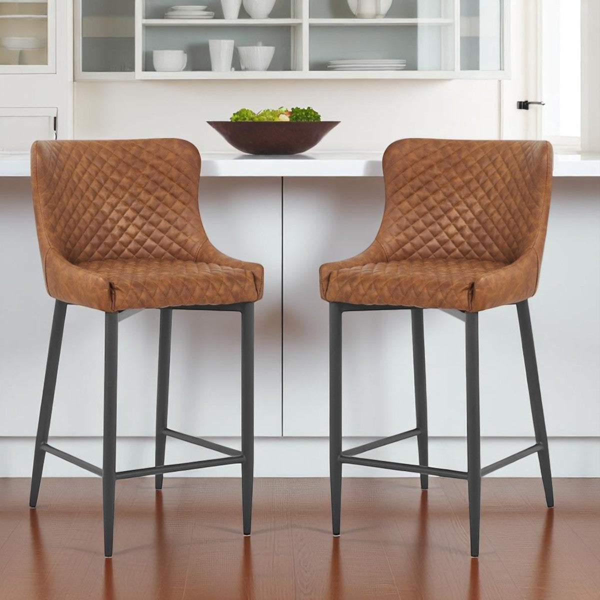 Set of Two 26" Orange and Black Metal and Faux Leather Low Back Counter Height Bar Chairs-0