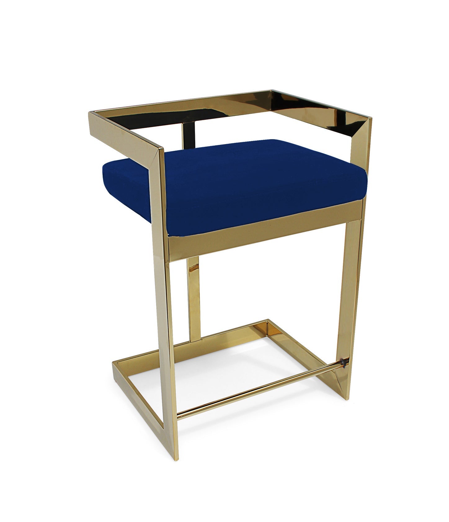 30" Blue and Gold Metal and Velvet Low Back Bar Height Bar Chair-1