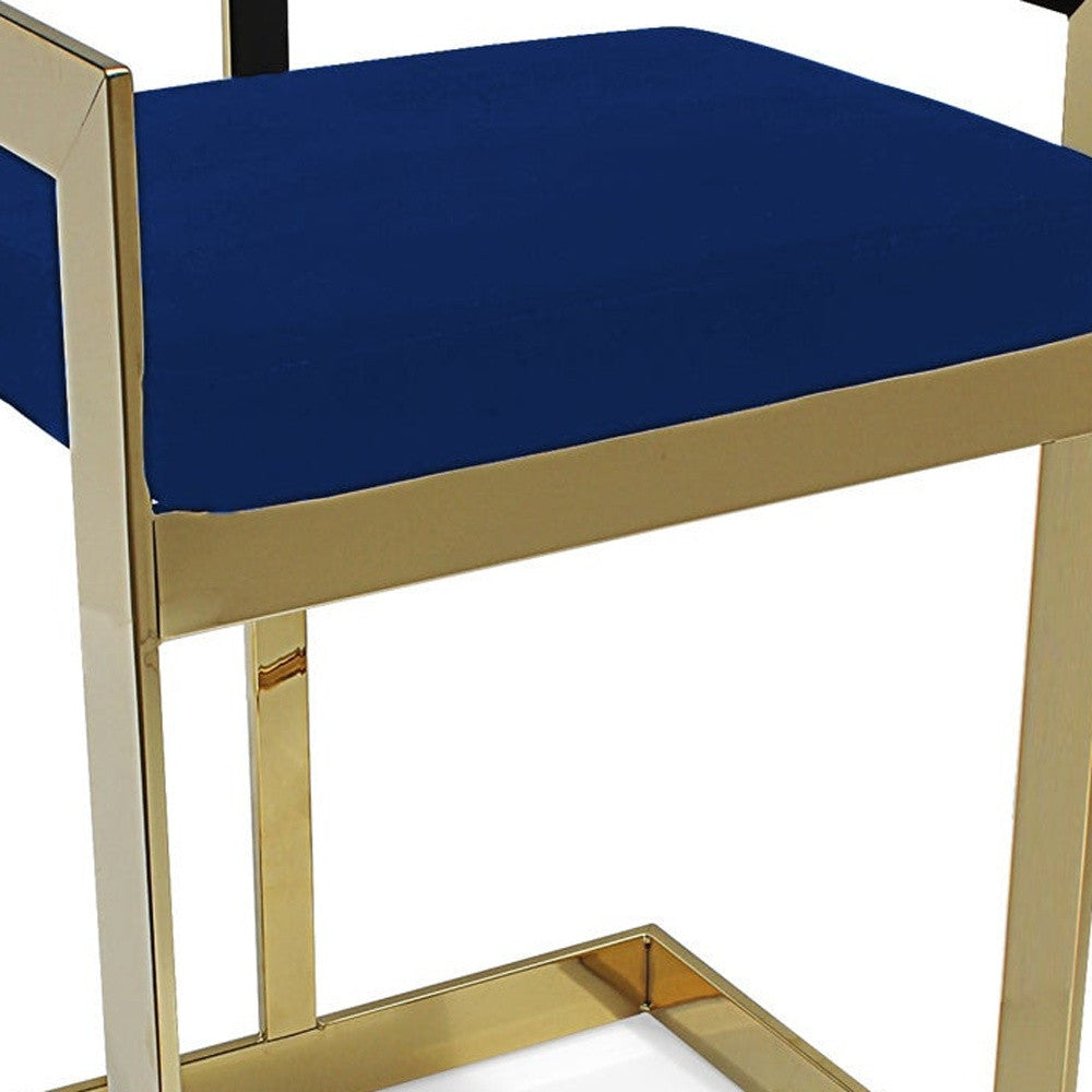 30" Blue and Gold Metal and Velvet Low Back Bar Height Bar Chair-3