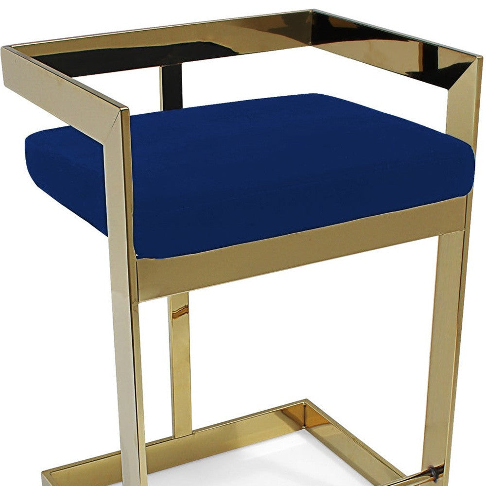 30" Blue and Gold Metal and Velvet Low Back Bar Height Bar Chair-2