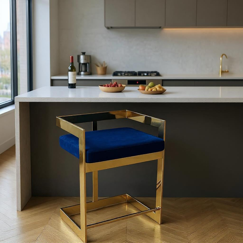 30" Blue and Gold Metal and Velvet Low Back Bar Height Bar Chair-0