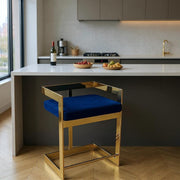 30" Blue and Gold Metal and Velvet Low Back Bar Height Bar Chair-0