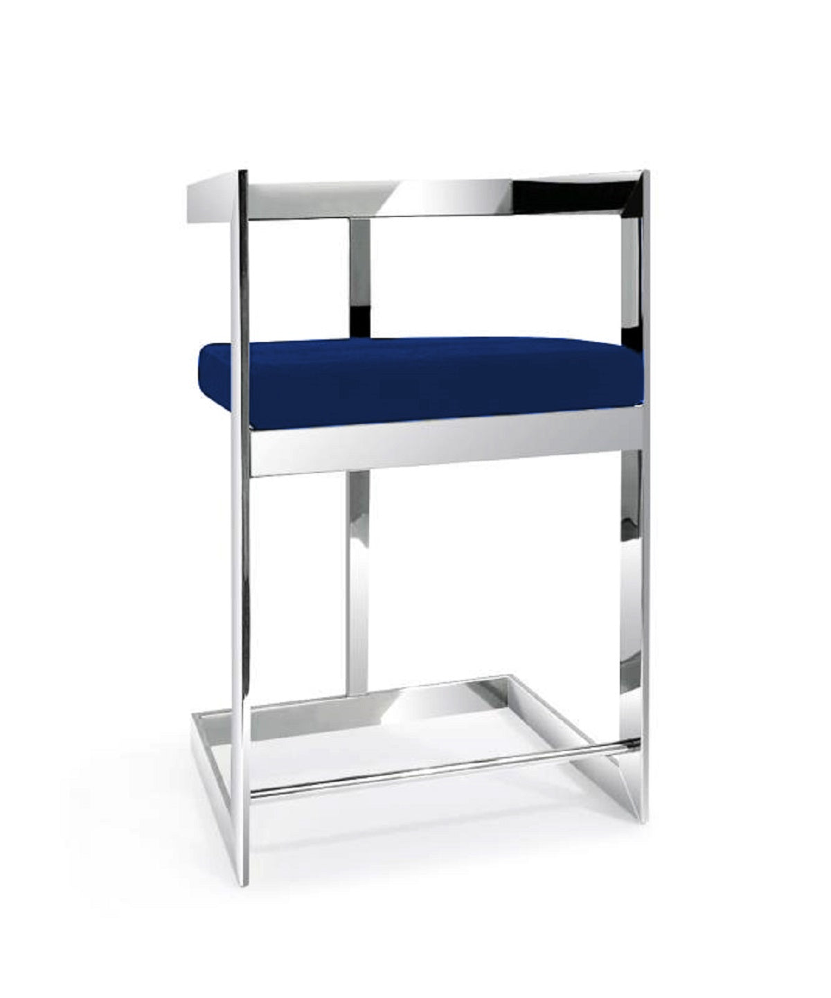 30" Blue and Silver Metal and Velvet Low Back Bar Height Bar Chair-1