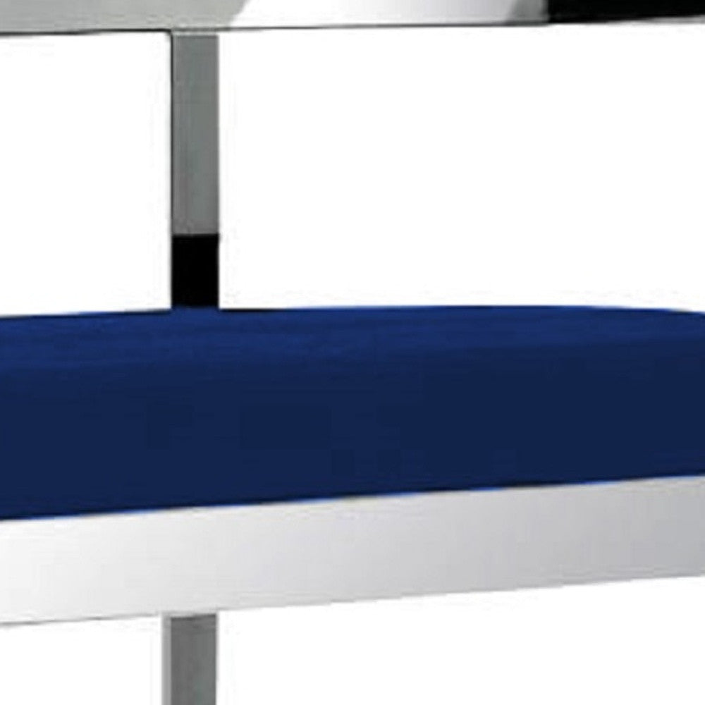 30" Blue and Silver Metal and Velvet Low Back Bar Height Bar Chair-3