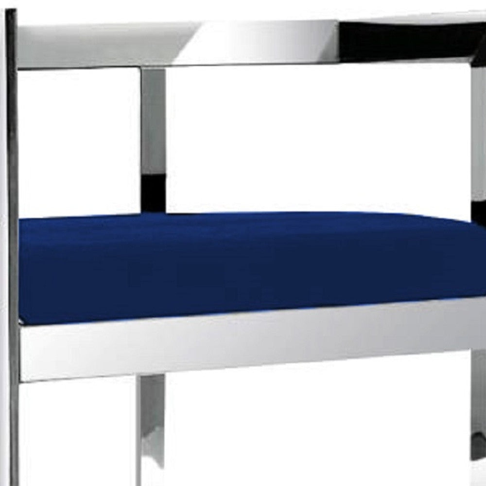 30" Blue and Silver Metal and Velvet Low Back Bar Height Bar Chair-4